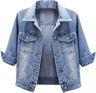 Arssm Women's Cropped Denim Jacket 3/4 Sleeve Short Cotton Solid Color Jean Jacket with Pockets