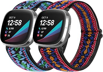 Vodtian Elastic Nylon Loop Straps Compatible with Fitbit Sense 2/Fitbit Sense/Fitbit Versa 4/Fitbit Versa 3 Strap, Adjustable Soft Stretchy Sport Braided Replacement Wristband for Men Women, 2 Pack