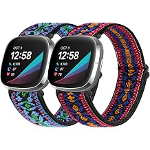Vodtian Elastic Nylon Loop Straps Compatible with Fitbit Sense 2/Fitbit Sense/Fitbit Versa 4/Fitbit Versa 3 Strap, Adjustable Soft Stretchy Sport Braided Replacement Wristband for Men Women, 2 Pack