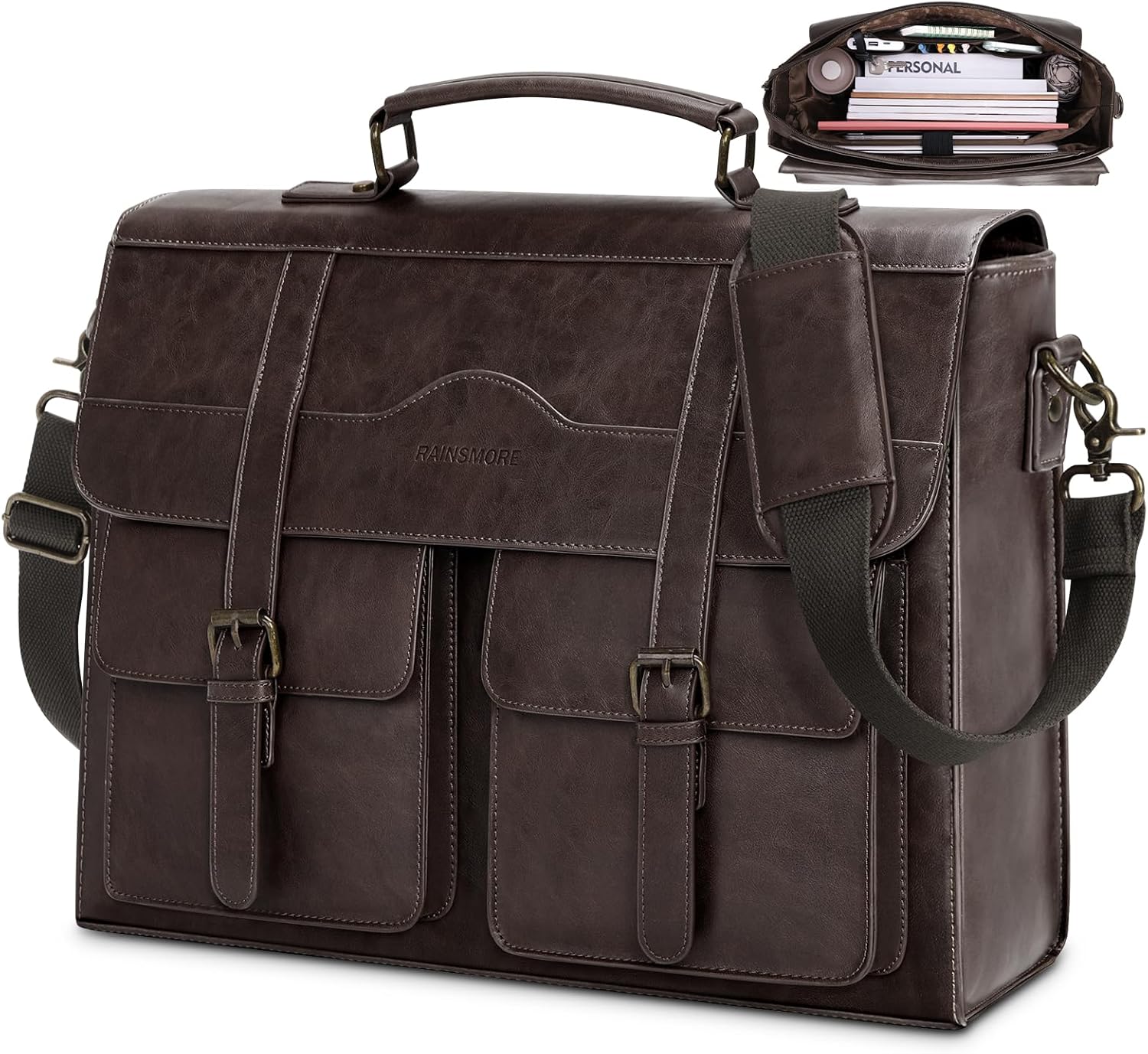 RAINSMORE Mens Messenger Bag 17 Inch Vintage Leather Laptop Briefcase Magnetic Closure Large Satchel Computer Shoulder Bag