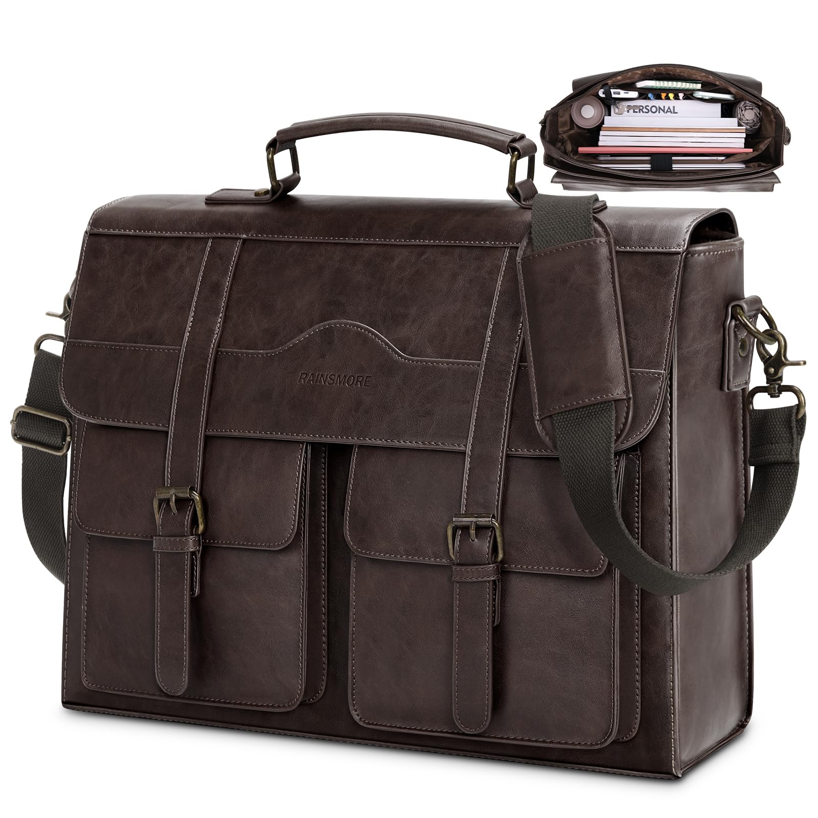 RAINSMORE Mens Messenger Bag 17 Inch Vintage Leather Laptop Briefcase Magnetic Closure Large Satchel Computer Shoulder Bag