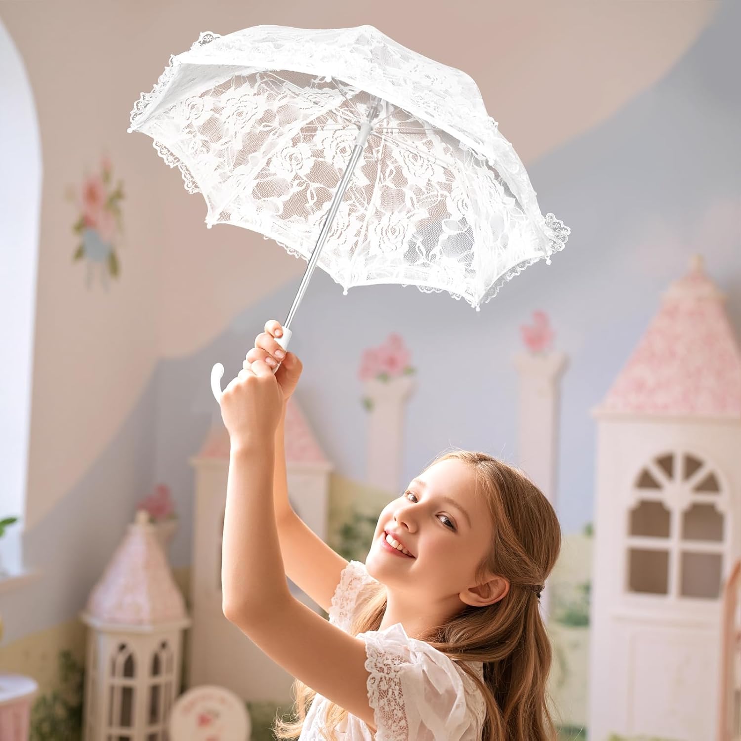 Lace Embroidery Umbrella Bridal Wedding Umbrella Vintage Photo Props Umbrella Girls White Parasol for Party, Concerts, Theaters, Stage Dance Shows, Masquerade Partie(Bleached Color) - Image 2