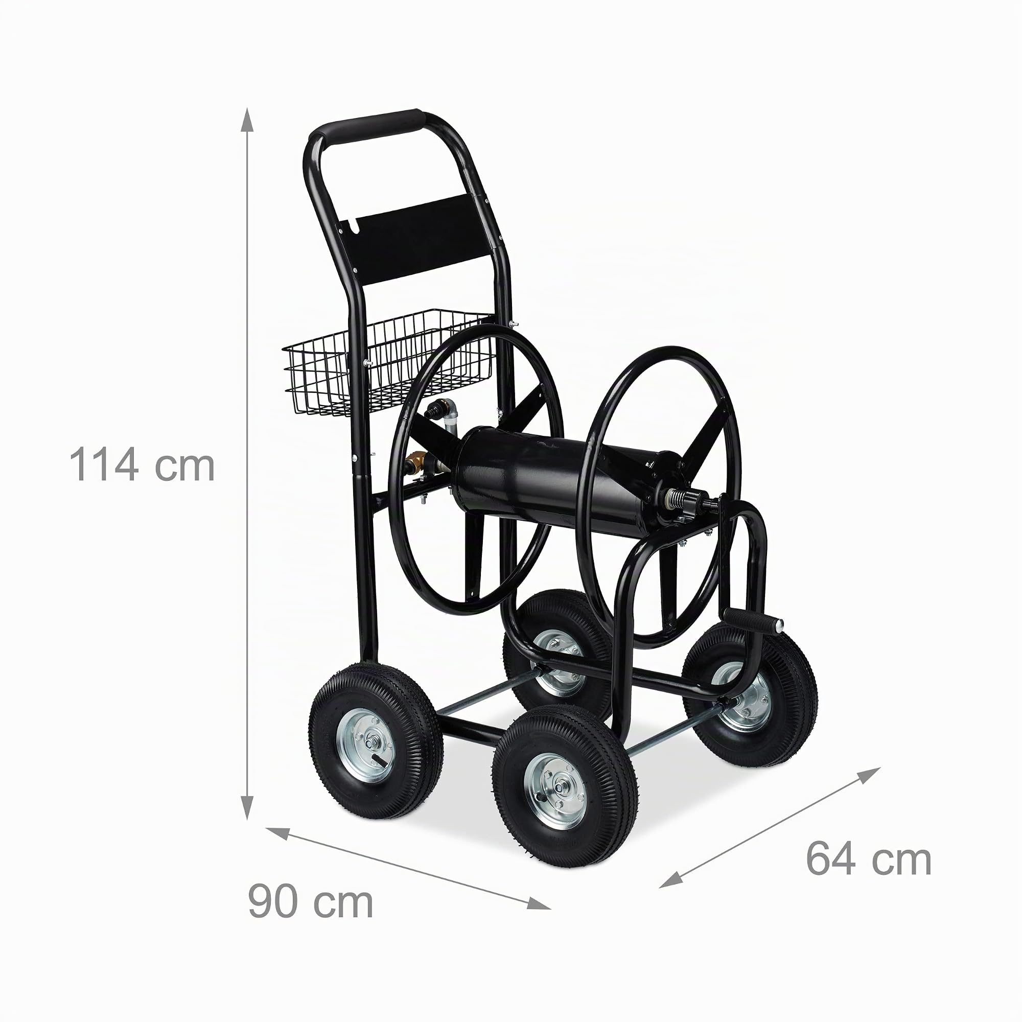 Relaxdays Carro para Manguera, Cuatro Ruedas de Goma, XL, con manivela, para 60m, Metal, 114 x 64 x 90 cm, 1 Ud., Negro