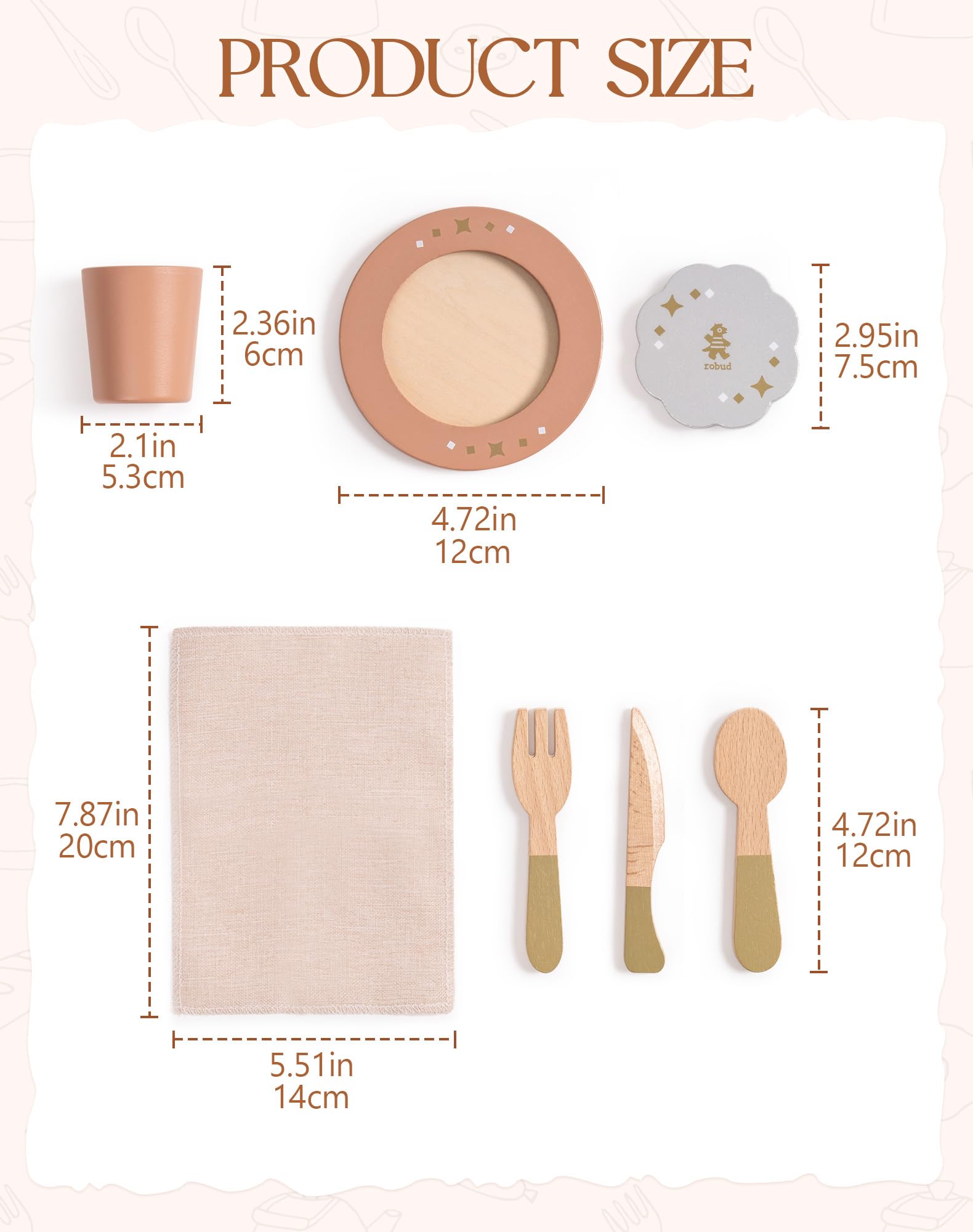 ROBUD Set di piatti da cucina in legno, 29 pezzi, piatti e posate giocattolo per bambini, accessori per la cucina, regali per bambini per ragazze e ragazzi (set da 4)