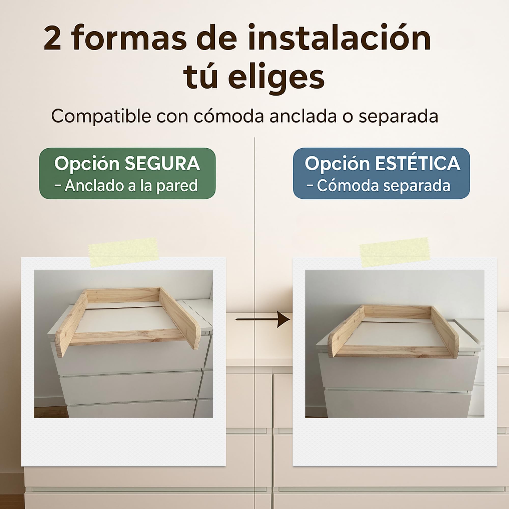 Cambiador bebé de Madera para Cómoda – Accesorio Compatible Hemnes y Malm – Bandeja Cambiador para bebé con Profundidad Ajustable 48 a 60 cm y Fieltros Antirayaduras