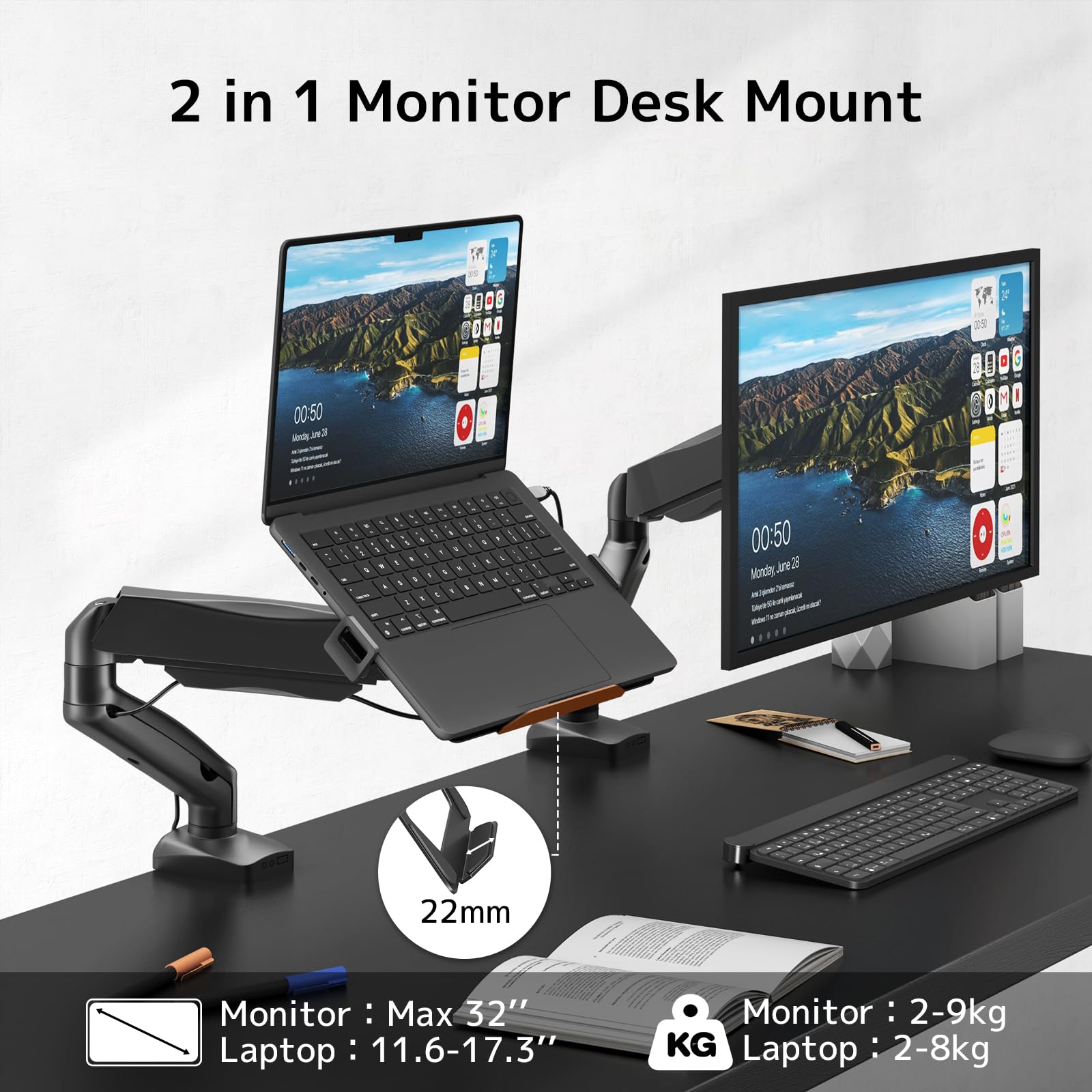 STANDOPIA 2 in 1 Laptop Halterung Schreibtisch, für 11.6-17.3'' Notebook & 17-32'' Monitor, Laptop Arm Halterung hält bis zu 9 KG, VESA 75/100 mm, Tischklemme und Ösenbefestigung