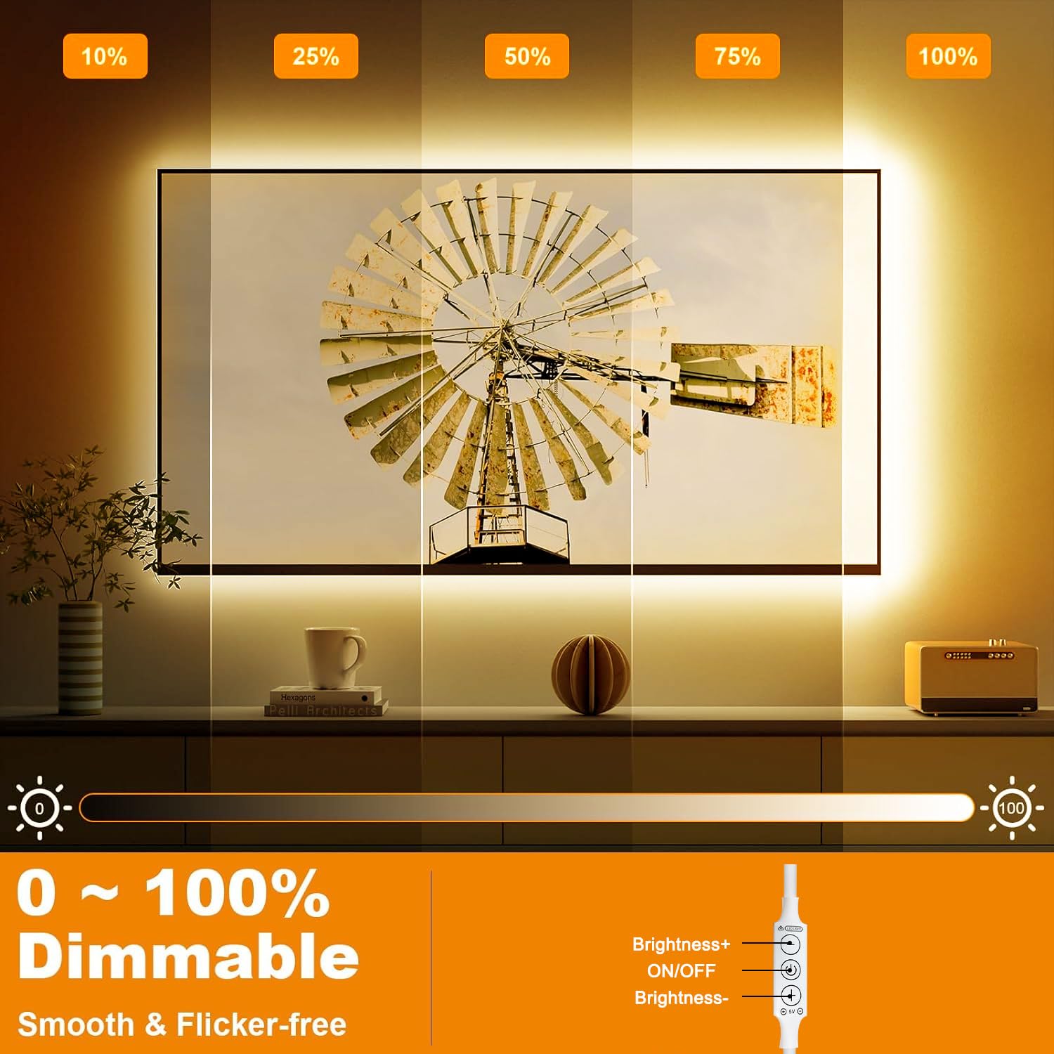 FUPT USB LED Light Strip Warm White, 2M Ultra-Bright Flexible CRI90+ LED Light Strip Adjustable Brightness - Image 4