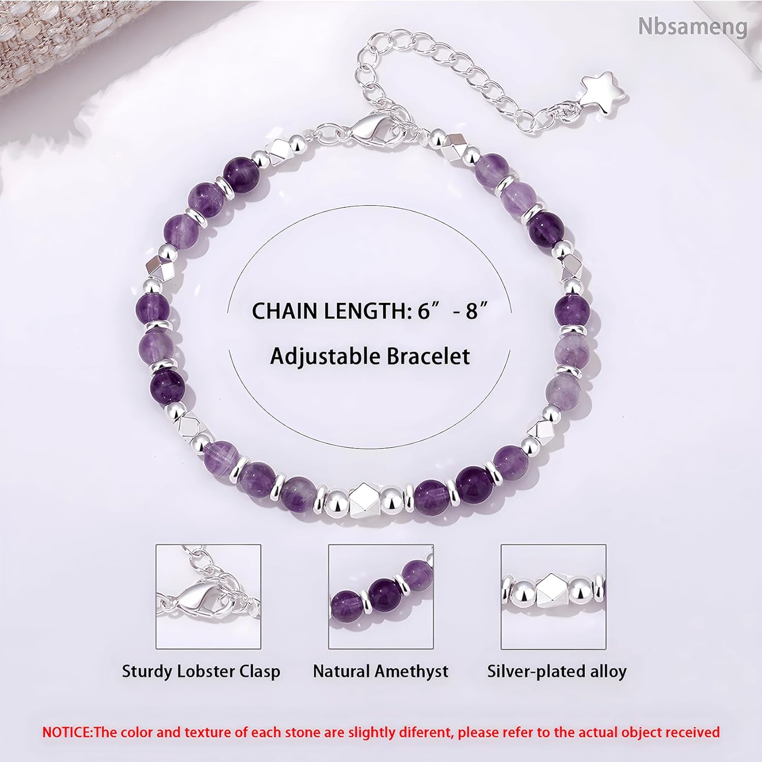 Nbsameng Natural Stone Bracelets for Women Adjustable Silver Boho Bracelet Handmade Crystal Beaded Jewelry Gift - Image 3