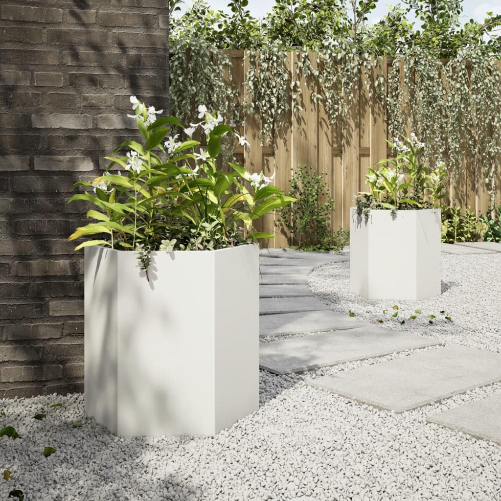 Jardineras de jardín de 2 piezas hexagonales de acero blanco 46 x 40 x 45 cm, jardineras elevadas sin fondo para plantas, huerto y hierbas aromáticas, diseño abierto para drenaje y crecimiento
