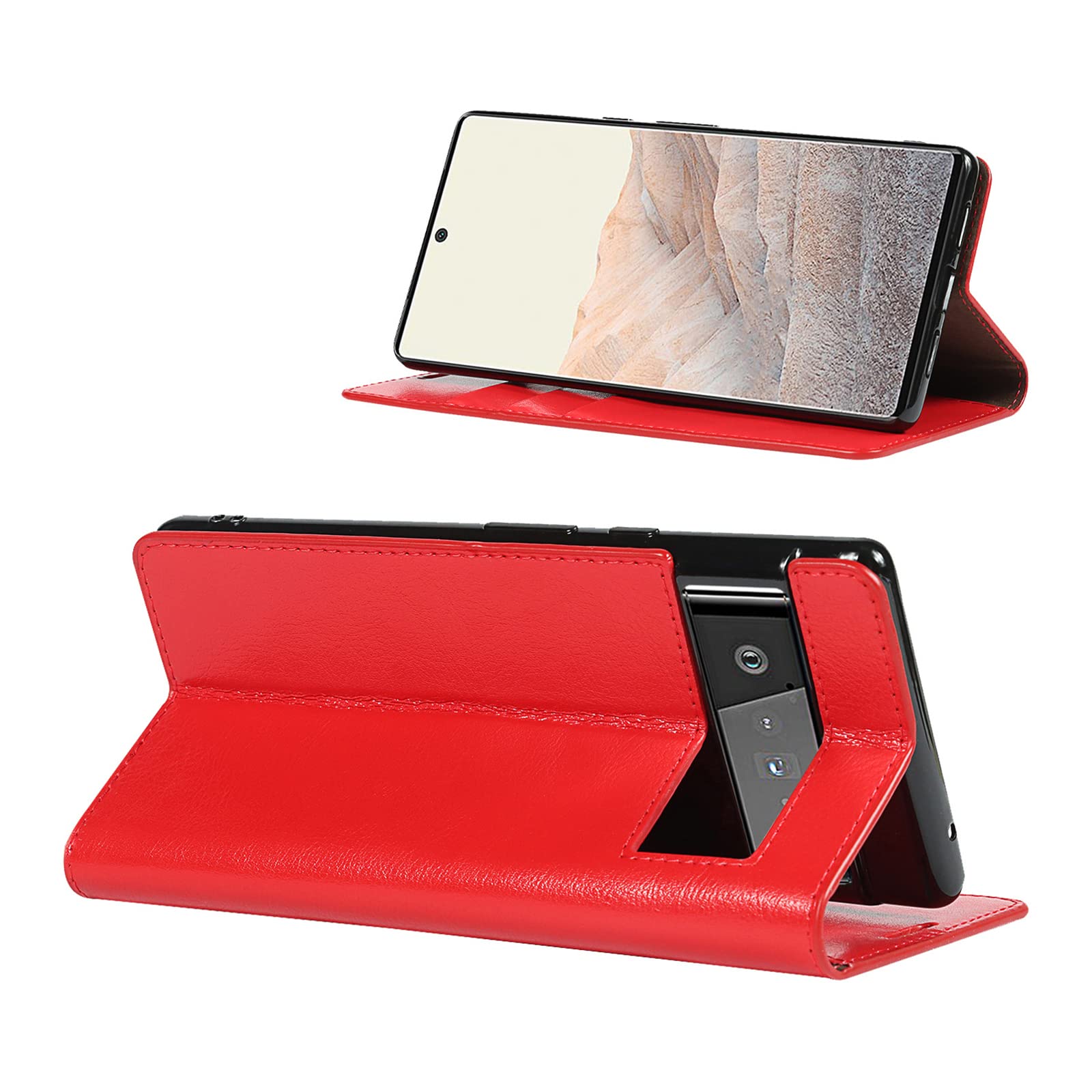 Custodia a portafoglio per Google Pixel 6 Pro, in vera pelle con scomparti per carte di credito e cavalletto per Google Pixel 6 Pro, colore: Rosso