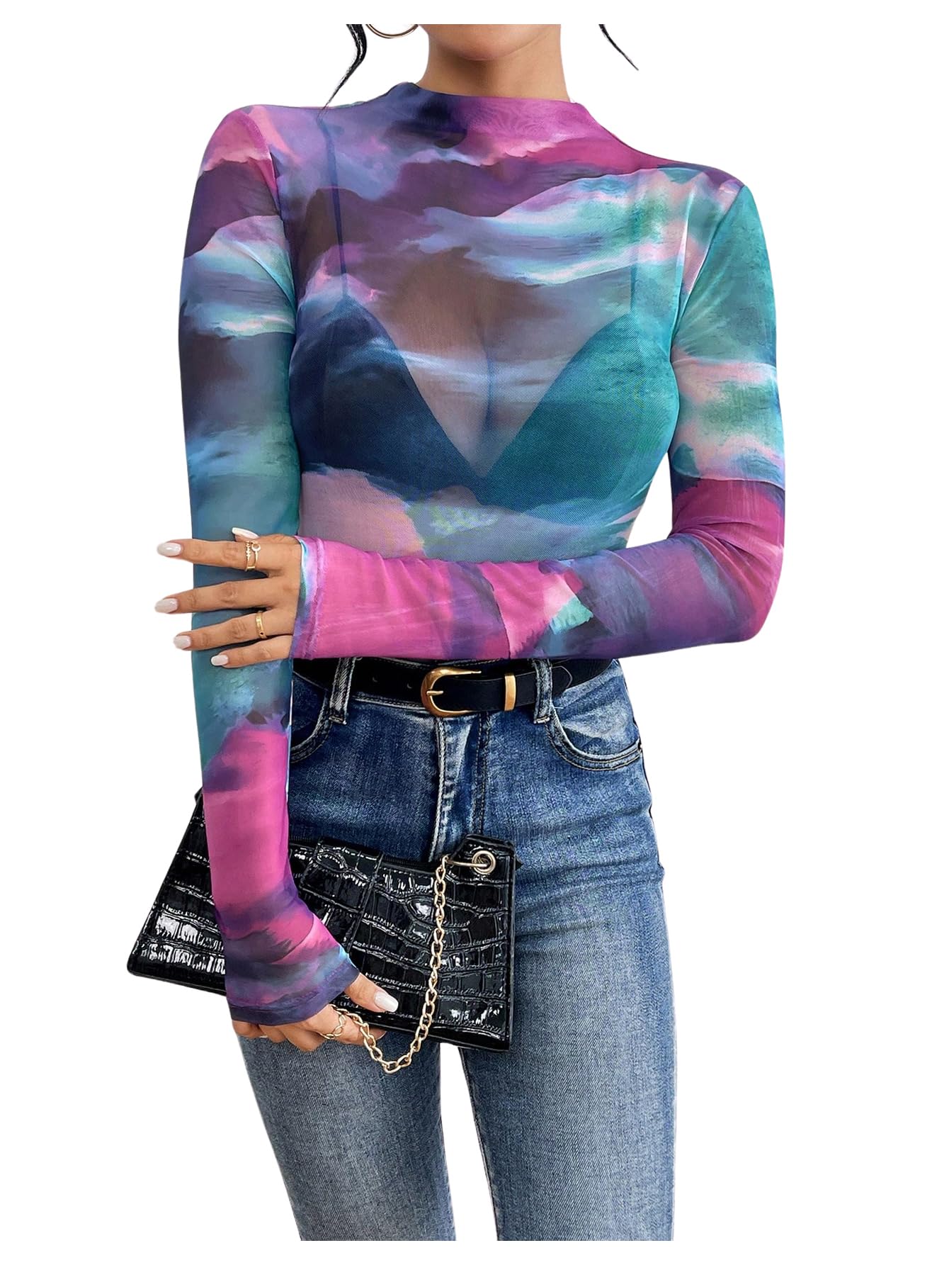 GORGLITTER Damen Mesh Oberteil Bunt Durchsichtig Batik Netzshirt Langarm Party Tops Herbst Outfits Langarmtop