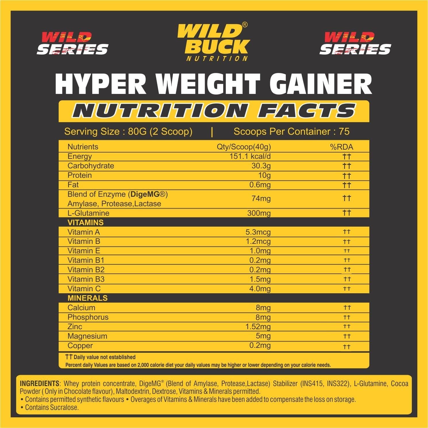 WILD BUCK Hyper Weight Gainer Powder High Protein Muscle Mass & Weight Gainer With L-Glutamine & Digestive Enzymes |For Men & Women [Choco Latte Shake, 3 Kg / 6.6 Lb], 1 count, 75 servings — Amazon image 4