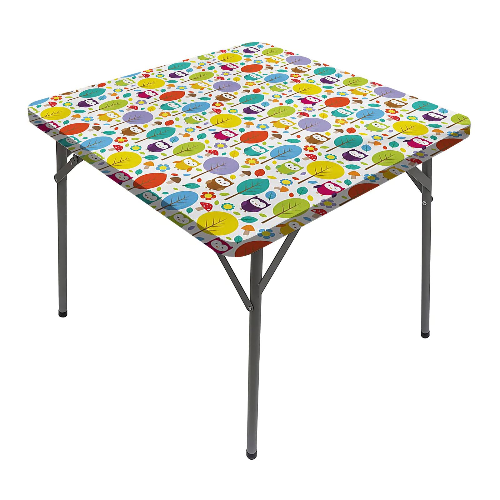 JUNTAIY Cartoon Square Tablecloth, Colorful Forest with Owls Trees Leafs Mushrooms Washable Spill Proof Table Cover, Fits 24x24 inch Table, for