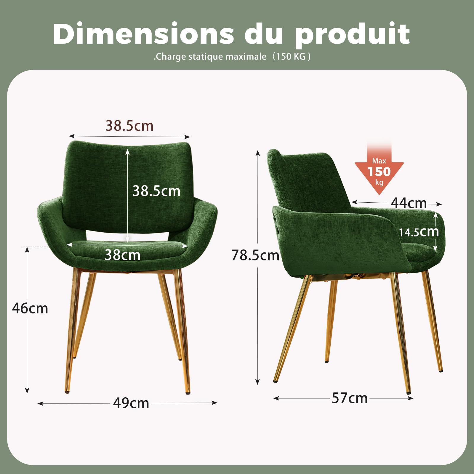 ELUCHANG Chaise Salle a Manger Lot de 4 avec accoudoirs, Vert Chenille, Pieds en métal doré, Idéal pour Salle à Manger Cuisine Dressing Coiffeuse, Jusqu’à 150 kg