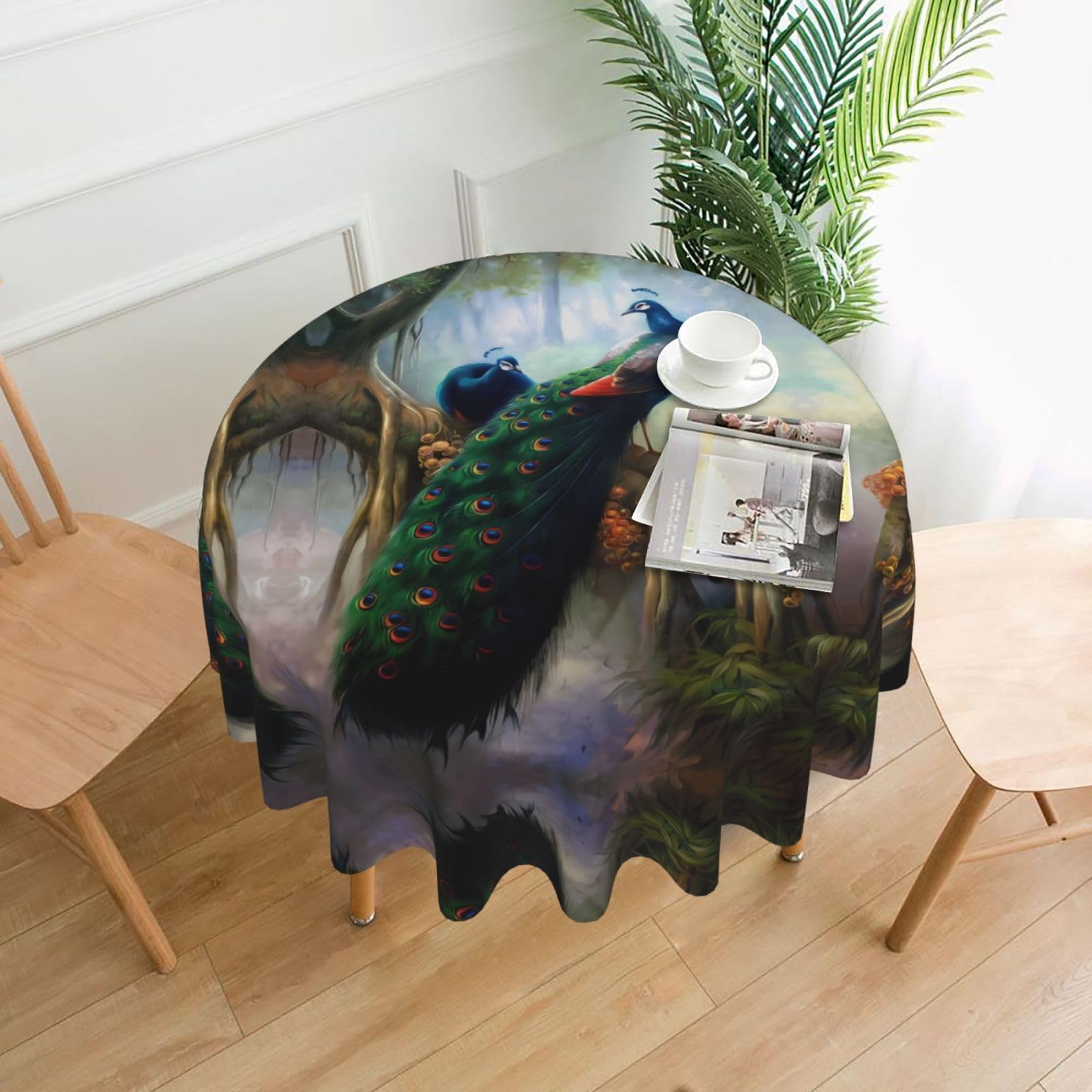 YYHHAOFA Colorful Peacock Prints 60in Round Decorative Tablecloth – High-Grade Polyester Throw Cover for Dining, Parties, and Outdoor Events