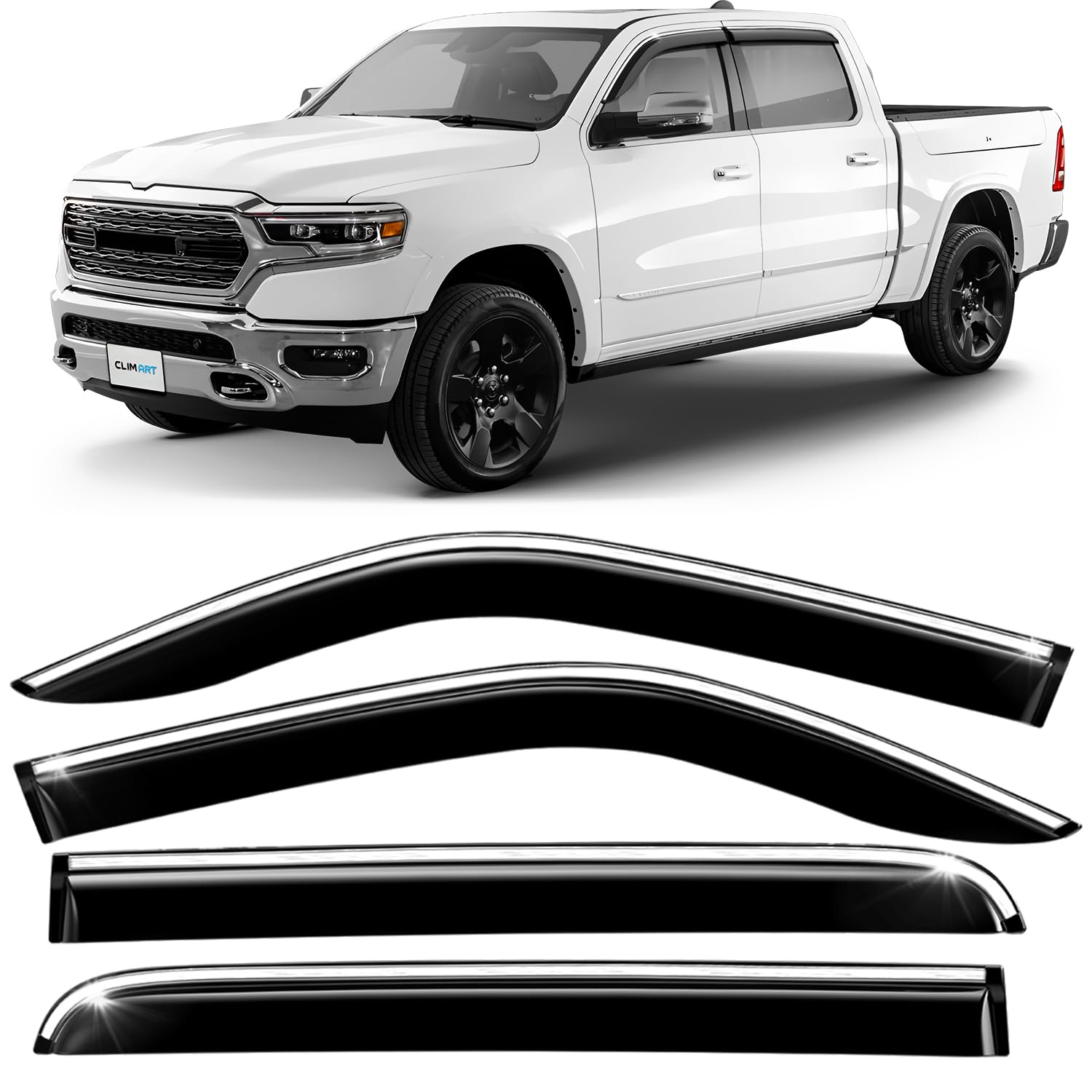 CLIM ART Chrome Trim Incredibly Durable Rain Guards for Dodge Ram 1500 2019-2026 Crew Cab, Original Tape-on Window Deflectors, Vent Deflector, Window
