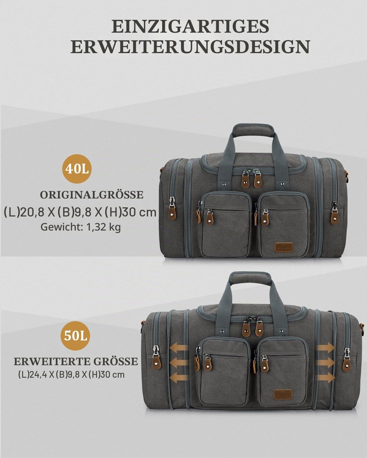 Gonex Canvas Reisetasche für Reisen, erweiterbar, wasserabweisend, 50L Handgepäck Duffeltasche für Übernachtung, Wochenende, Fitnessstudio mit Nass-Trocken-Trenntasche und Koffergriff-Hülle, grau