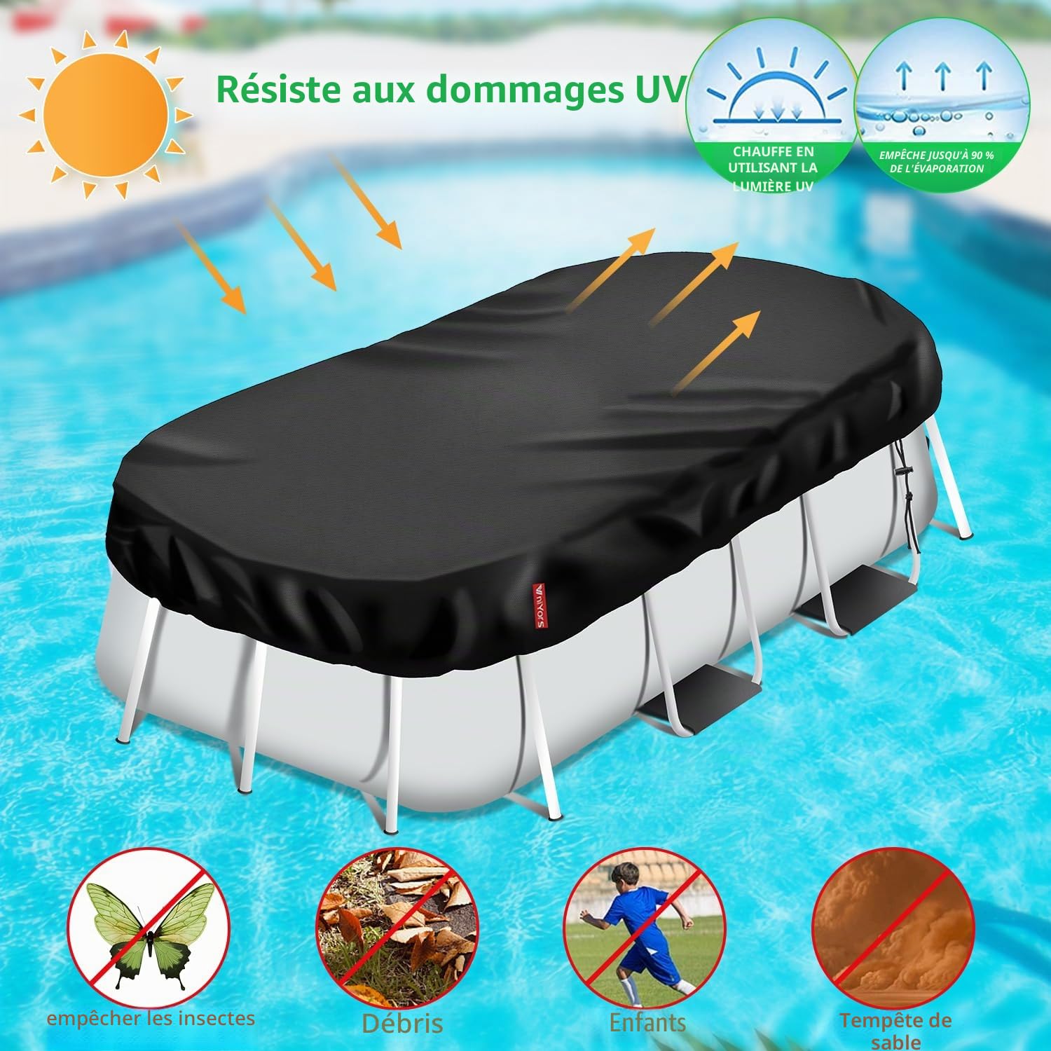 Bâche de piscine rectangulaire 550 x 275 cm, en polyuréthane 420D, épaisse, rectangulaire, avec cordon de serrage et clous de sol, coupe-vent et indéchirable