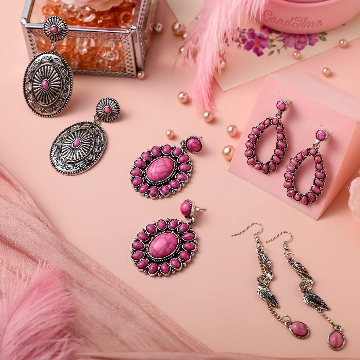 Bonuci 4 Pairs Western Earrings Boho Turquoise Oval Drop Dangle Earrings for Women Vintage Bohemian Drop Dangle Jewelry Aesthetic Statement Western Country Jewelry - Image 4