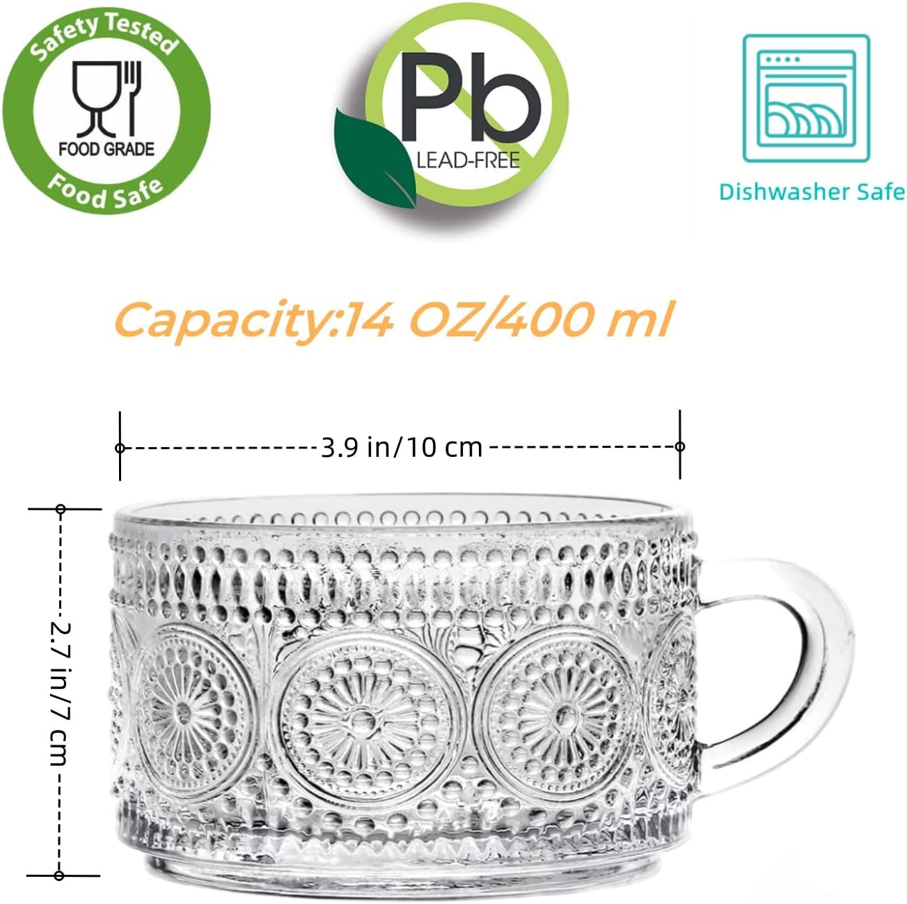 Bandesun Vintage Glass Coffee Mugs Tea Cups, 14 Oz Set of 2 - Stackable Embossed, Glassware with Handle, for Cappuccino, Latte, Cereal, Yogurt, Beverage Hot/Cold, Milk - Image 3