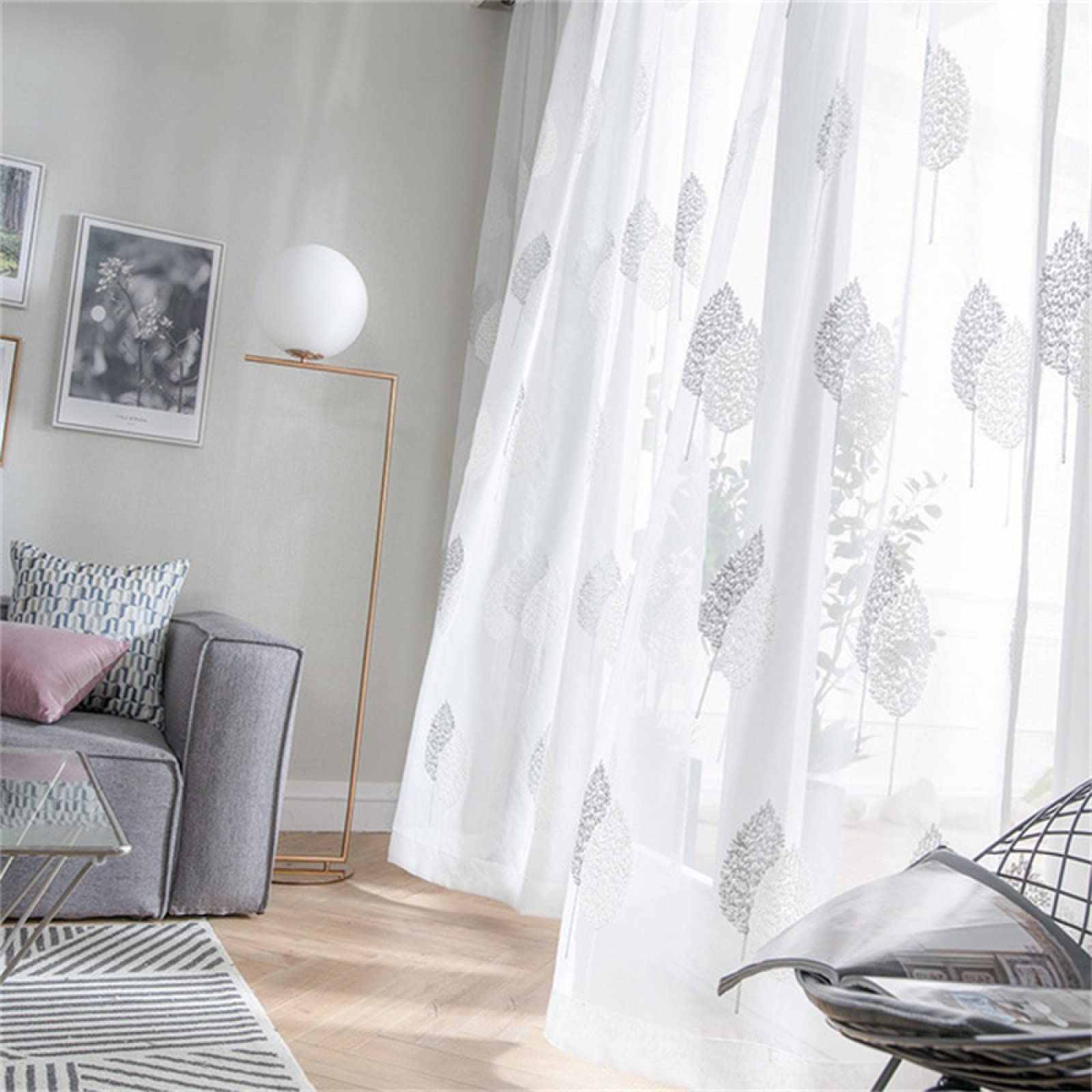 Translúcida Cortinas Visillo con Ollaos, Hojas grises blancas cortina de voile con bordadas,juego de 1 cortinas, de la luz Solar Mientras Protege Algo de privacidad para salón Habitacion 1x220x270CM