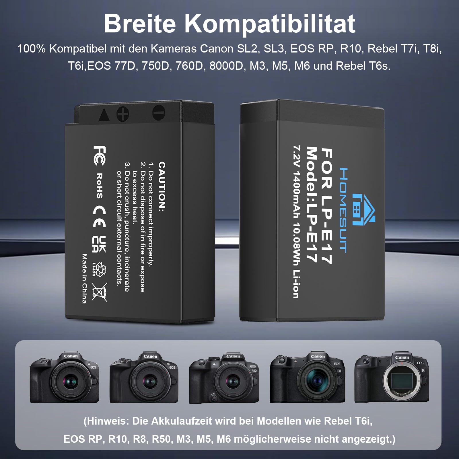 Homesuit LP-E17 Akku 1400mAh & Dual USB LCD Ladegerät Kit für Canon EOS R10, RP, Rebel SL3, SL2, T8i, T7i, T6i, T6s, EOS M3, M5, M6, EOS 200D, 77D, 750D, 760D, 800D, 8000D Kamera (2er-Pack)