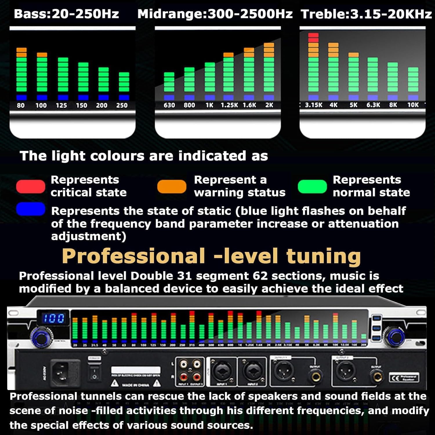 Ecualizador gráfico estéreo de 31 bandas con pantalla de espectro LED, 10 efectos preestablecidos, reducción automática de ruido, chip de procesamiento DSP para estudio de grabación
