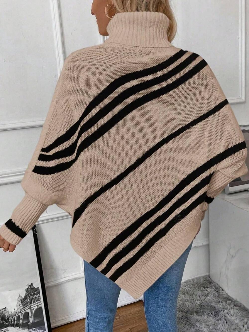 ZAFUL Women's Asymmetrical Turtleneck Poncho Sweaters Drop Shoulder Cable Knit Casual Pullover Sweater - Image 2
