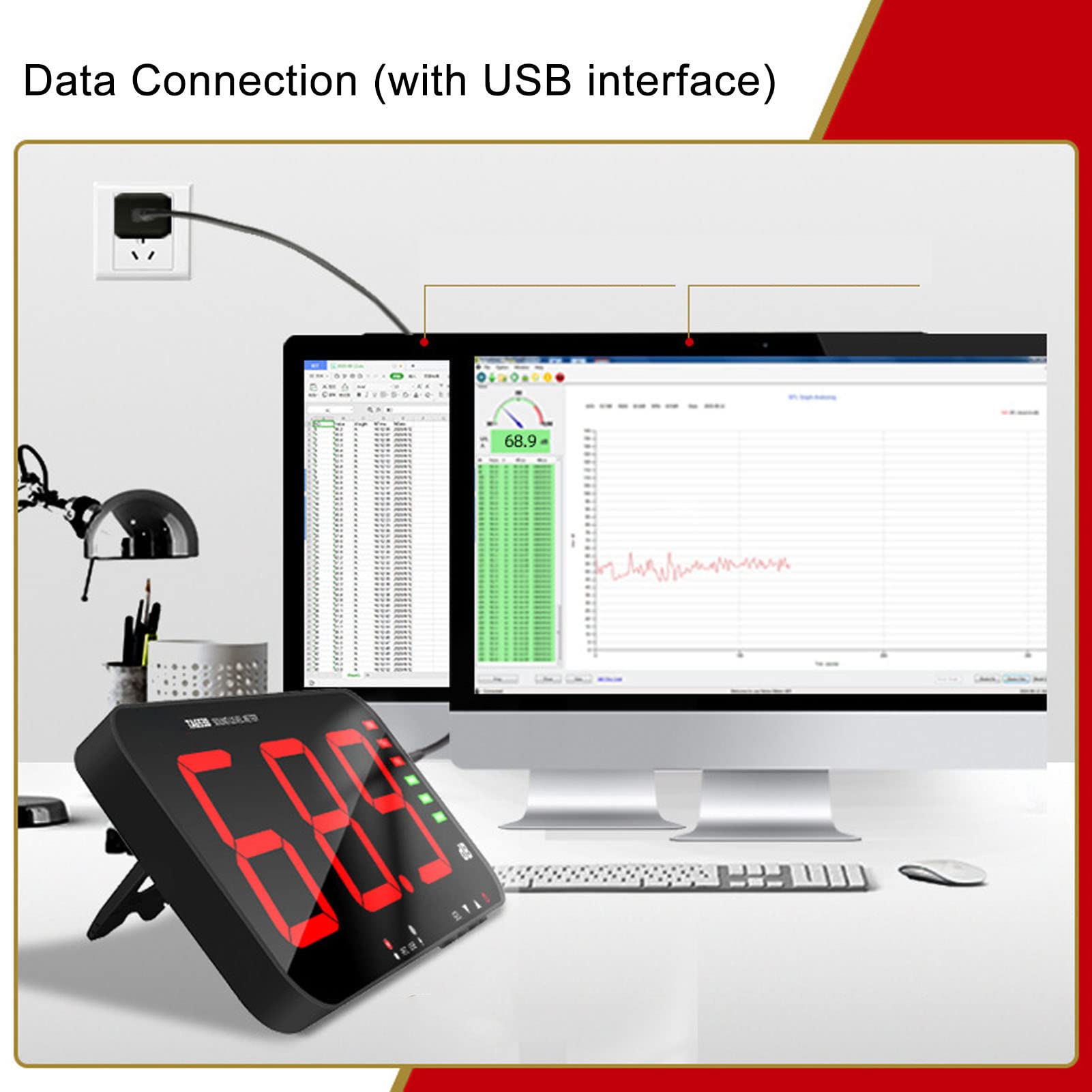 30dB-130dB DC5V 1A Medidor de Decibelios Micro USB TA654B Pantalla de 13 Pulgadas Pantalla de 3 Dígitos Medidor de Nivel de Sonido Colgador de Pared Lector de Decibelios Digital