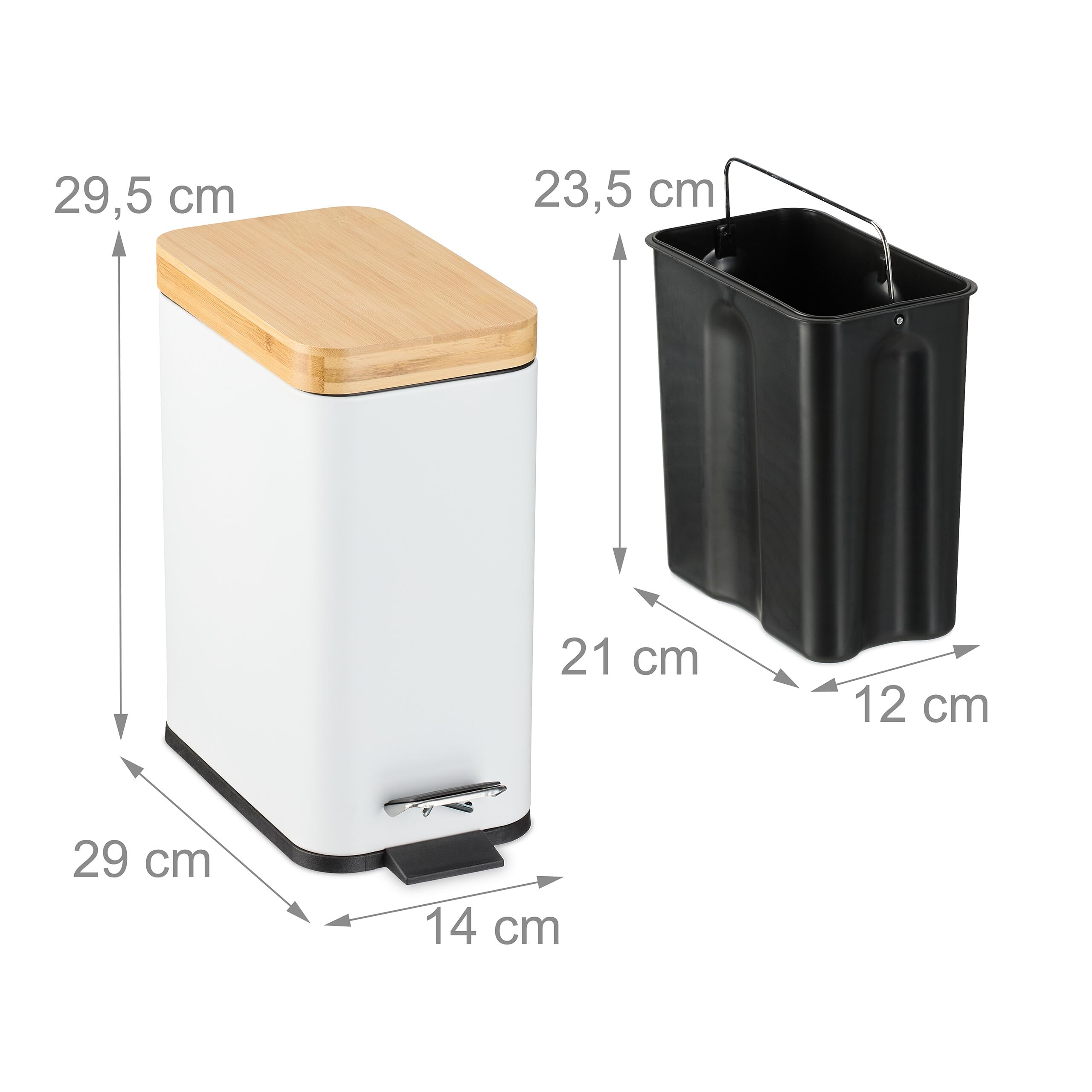 Relaxdays Kosz na śmieci, 5 l, wyjmowany kosz wewnętrzny, kosz na kosmetyki, metalowy, z bambusową pokrywką, biały