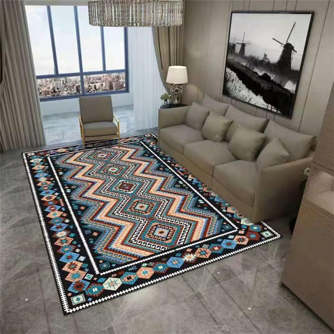 Tapis bleu lavable vintage 130x190 cm pour salon et chambre