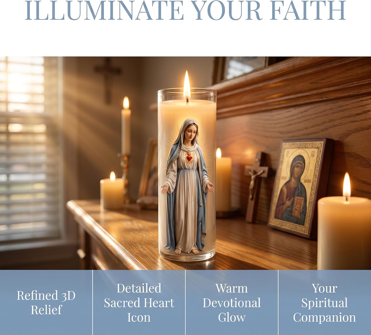 Virgin Mary Sacred Heart Candle, 2x8 White, 3-Pack