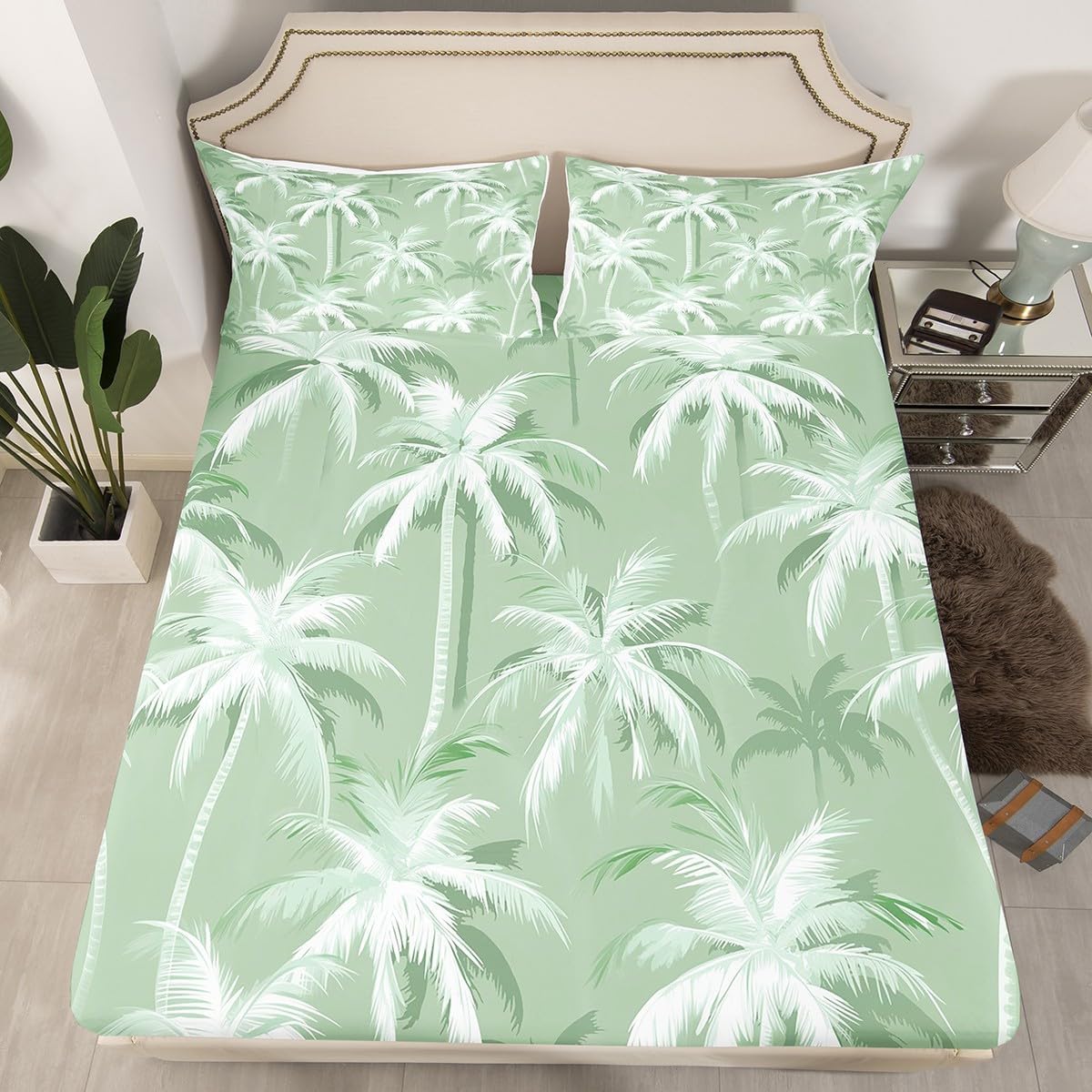 Blue Parrot Fitted Sheet Full Size Tropical Flowers Botanical Bedding Set 3Pcs(No Flat Sheet) Jungle Animal Birds Bed Sheet for Boys Girls Teens Room Decor Geometric Stripes Deep Pocket Sheet