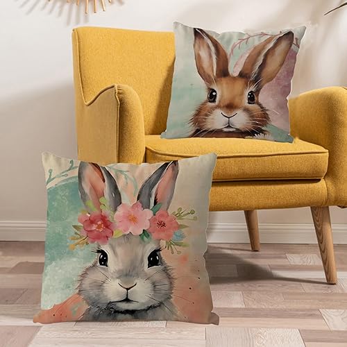 Miniatura 6 de GAGEC Juego de 2 fundas de almohada de Pascua de 18 x 18 pulgadas, diseño floral, conejos, huevos de Pascua, decoración para sofá, dormitorio, sala