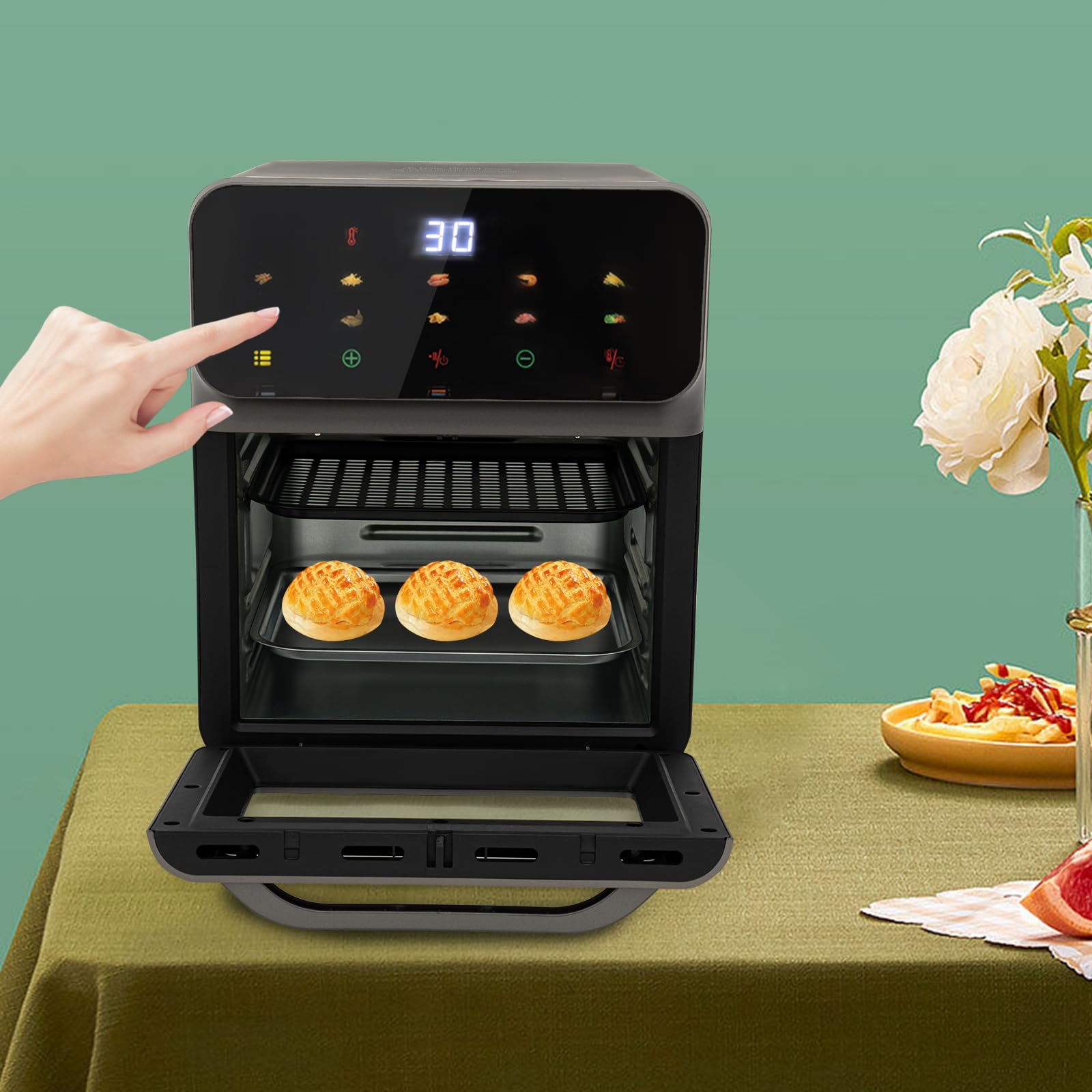 Mini horno de pizza de 13 litros con convección, horno 3 en 1, con 2 bandejas y 50 cajas para tartas, calor superior/inferior, 60 mintimer, guantes de horno, recetario, 1350 W, ideal para