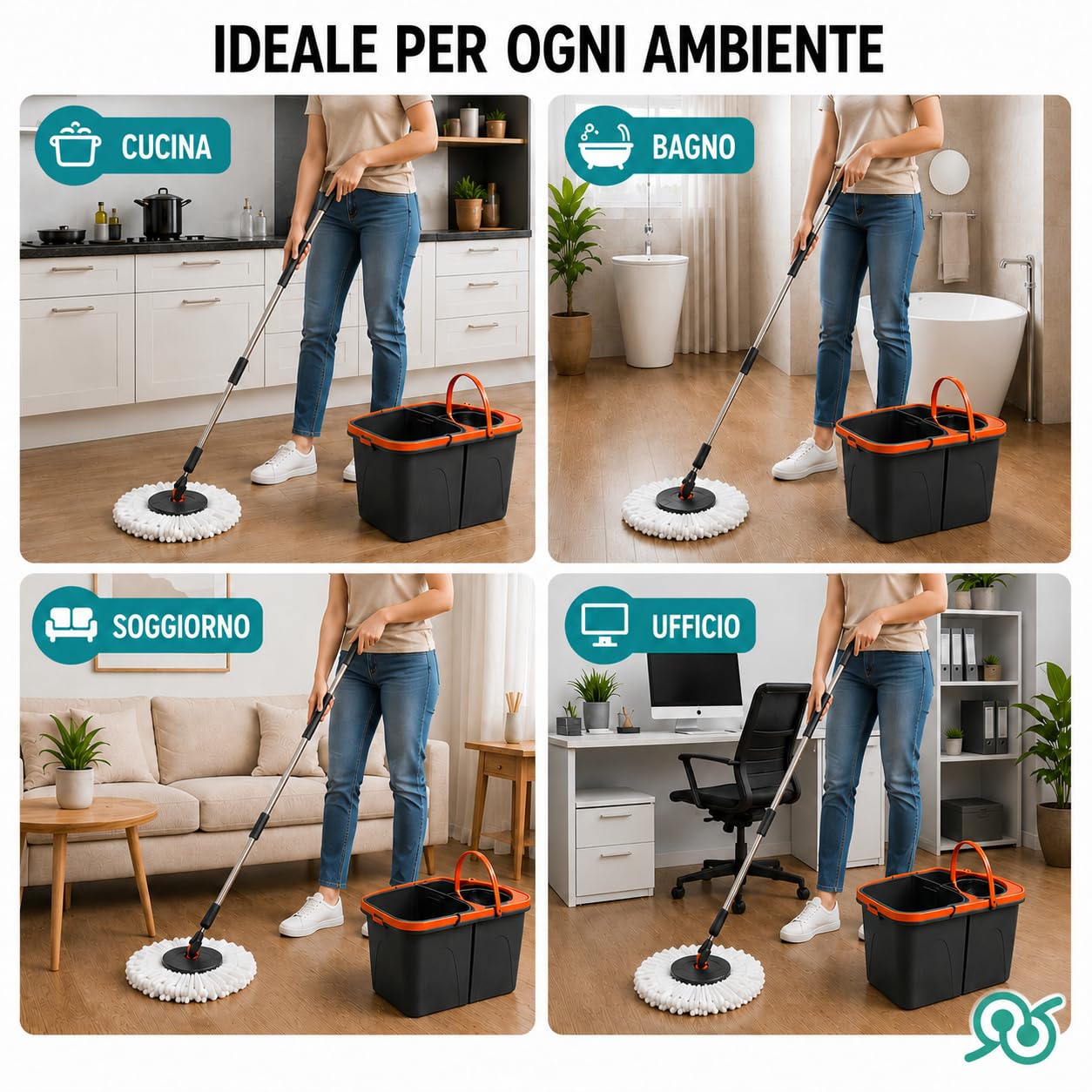 Tempo DI SALDI Juego de fregona giratoria con Doble Cubo, Cesta Inoxidable y 2 paños de Microfibra