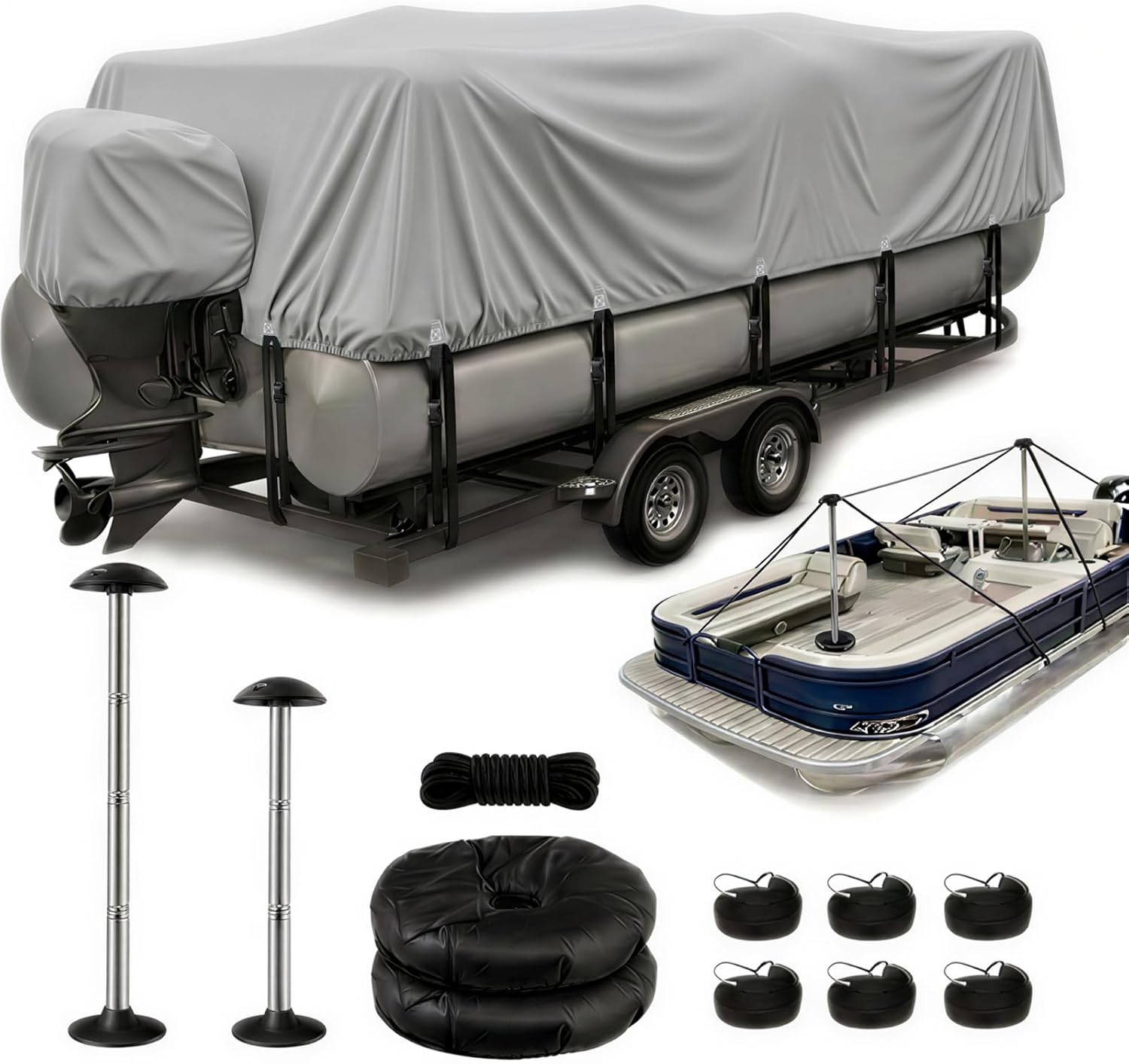 Heavy Duty Pontoon Boat Cover with Support Poles - 1200D Waterproof Pontoon Boat Cover 17-20 ft, Includes Motor Cover & 14 Tie-Down Straps for Windproof Storage and Trailering, Gray