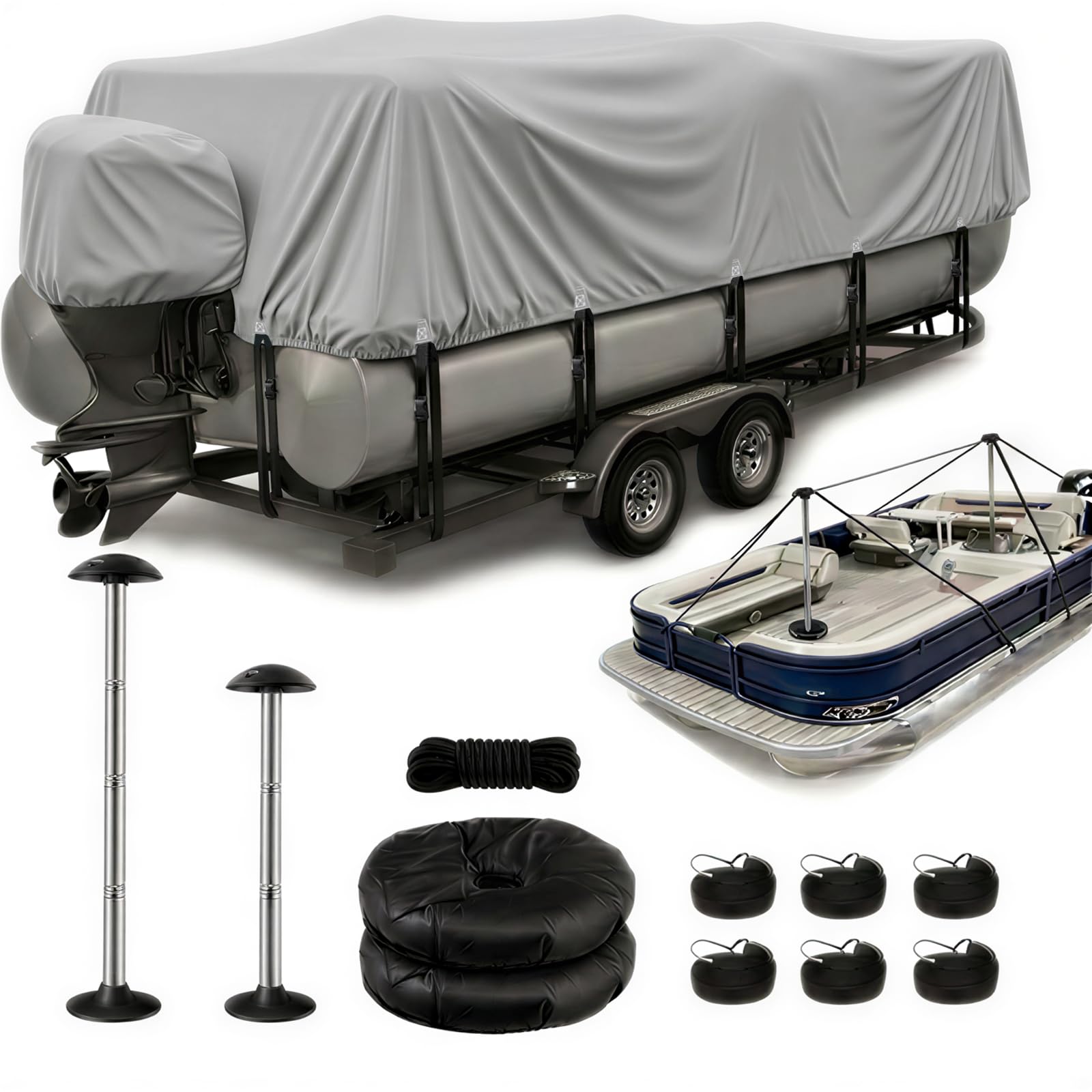 Heavy Duty Pontoon Boat Cover with Support Poles - 1200D Waterproof Pontoon Boat Cover 17-20 ft, Includes Motor Cover & 14 Tie-Down Straps for Windproof Storage and Trailering, Gray