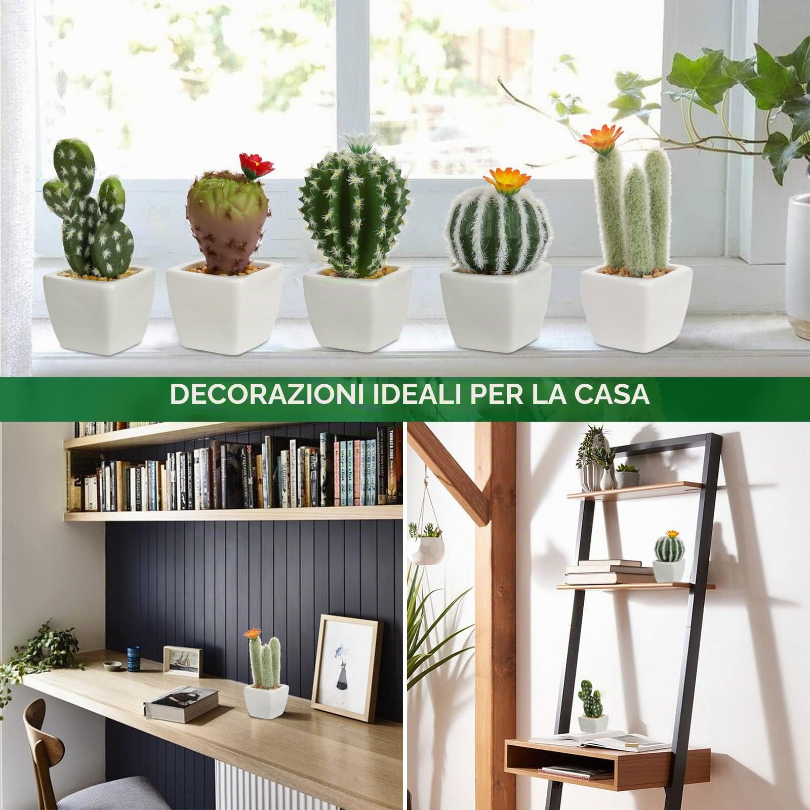 Set di 6 mini piante finte di cactus artificiali in vasi di ceramica bianca assortiti piante grasse artificiali decorative cactus finti per cucina, bagno, scrivania, libreria, decorazione per interni