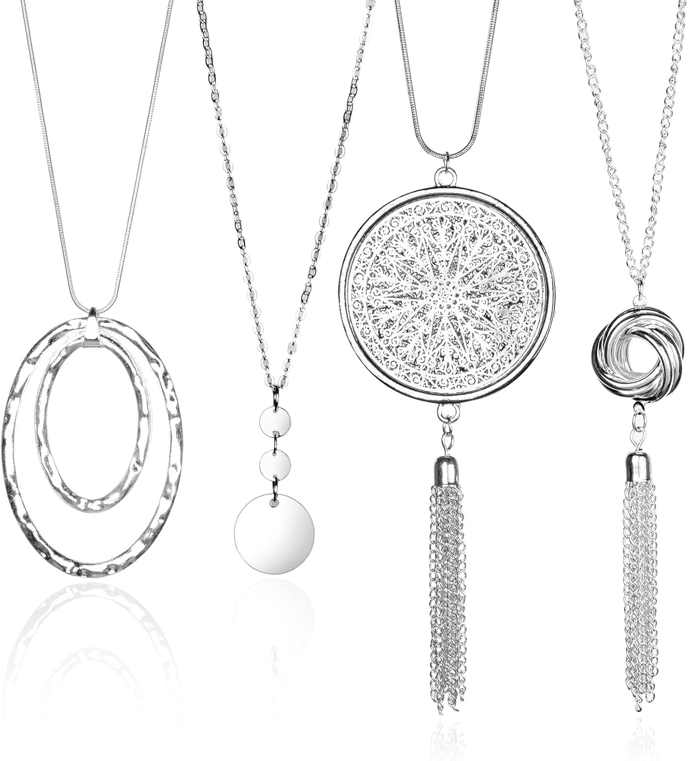 ECSiNG 4pcs Long Pendant Necklace for Women Tassel Y Necklace Jewelry Set for Girls Sweater Necklace Multilayer Punk Chain for Women Men Silver