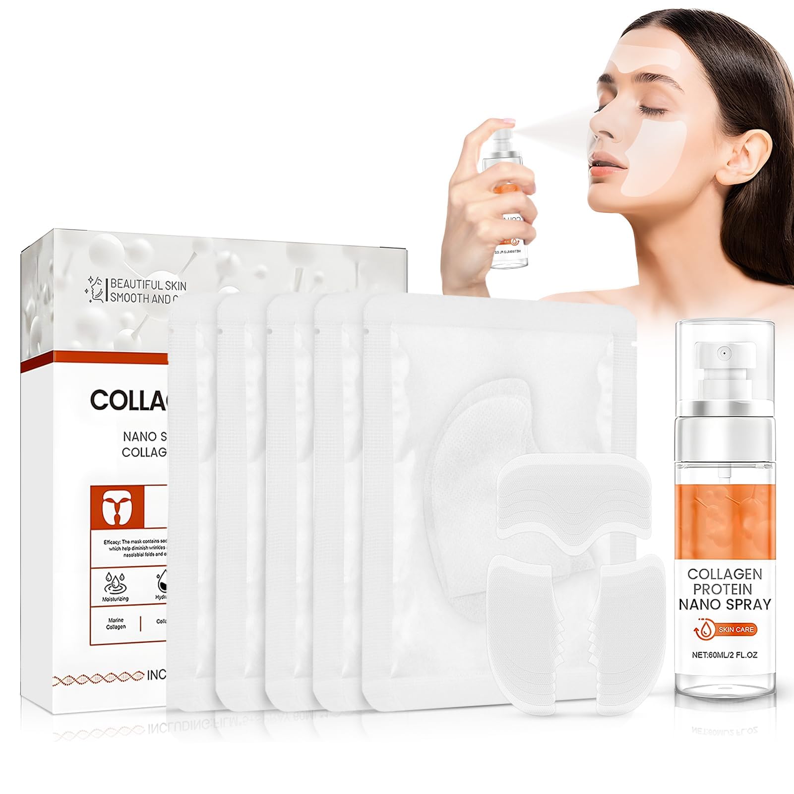 Collagene Film Viso Solubile Coreano, 5 Pezzi Maschera Collagene Viso | 60ml Spray al Collagene + Film di Collagene, Rassoda e Idrata la Pelle, Korean Firming Mask (A)