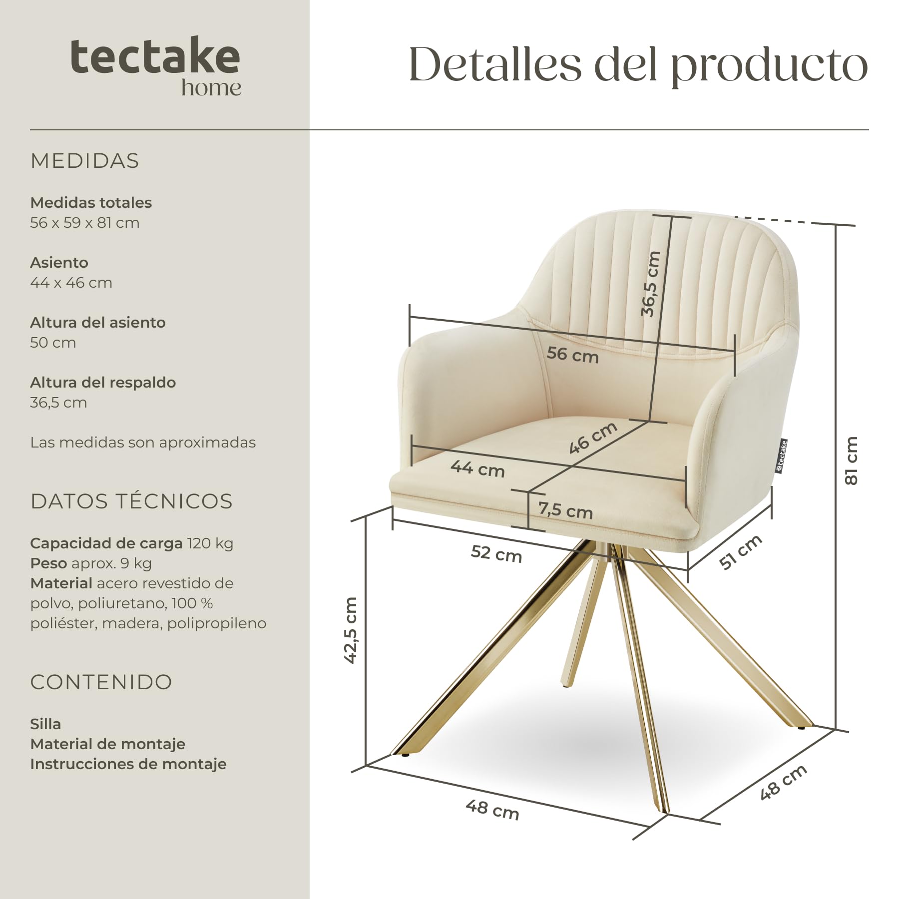 tectake® Silla Giratoria Tapizada con Respaldo Continuo, Patas de Acero Giratorias 360º, Silla Dormitorio, Butacas de Salon, Sillas Comedor, Silla Comedor Nordica - 1 Silla Crema/Oro