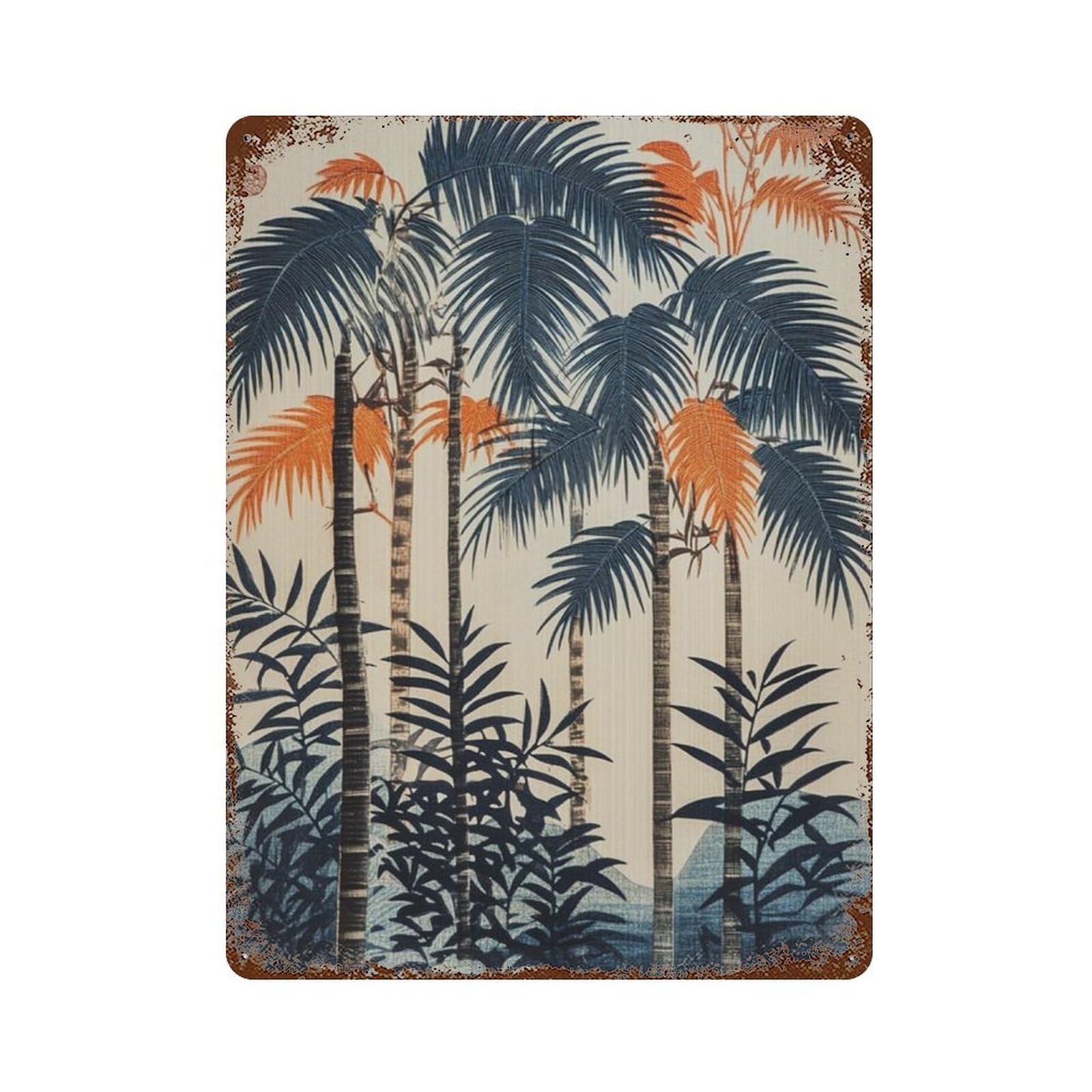 xiaoxiaoshen Japanese Palm Tree Tropical Botanical Oriental Woodblock Style Wall Decor Art Metal Tin Poster Modern Home Decor Art Home Bar Shop Decorations Vintage Sign 40x30cm