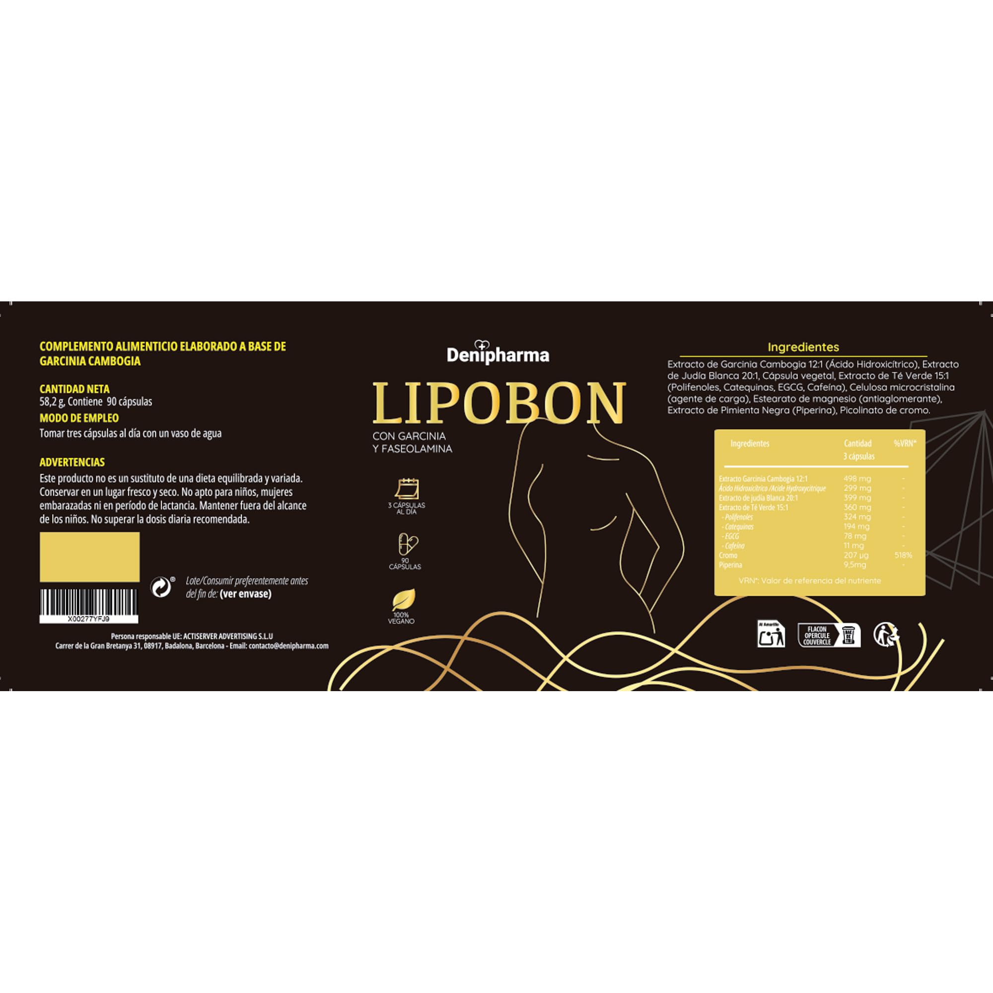 LIPOBON - Garcinia Cambogia, Té Verde y Phaseolus Vulgaris – Apoyo Metabólico -Perdida de peso - Bienestar Corporal - Contribuye a un metabolismo activo - Hombres y Mujeres