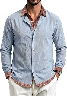 Men's Long Sleeve V Neck Button Down Hawaiian Wedding Guest Shirt