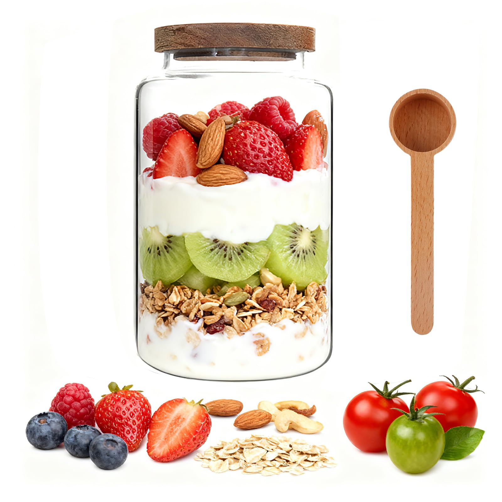 Foyofly 2800Ml/94Oz Glass Jars With Wooden Lid Sugar Flour Containers Spice Jars Lids Airtight Kitchen Storage Jar Canister For Sea Salt Paprika Herbs Cinnamon Coffee Seasoning Fermenting Pickling ()