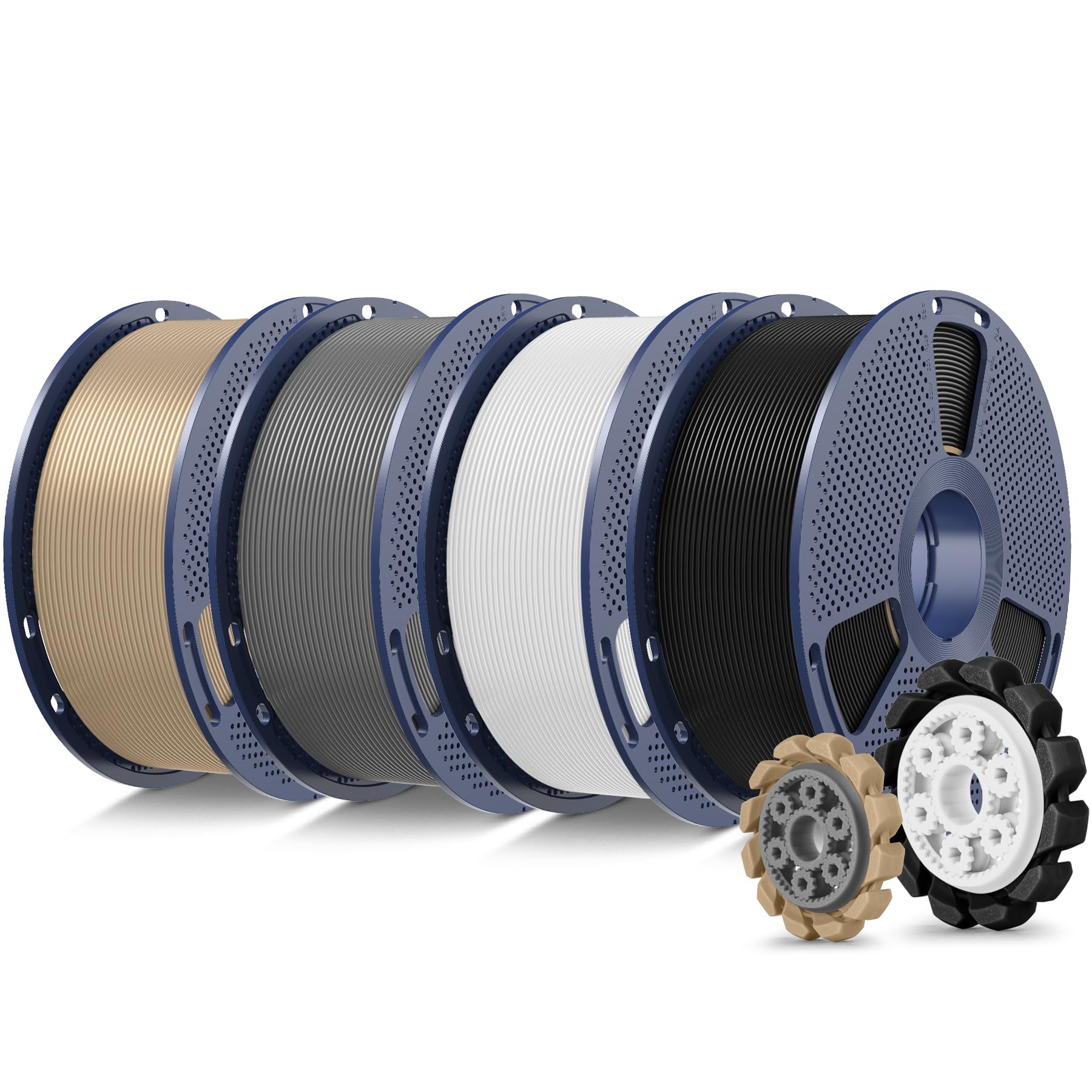 SUNLU Pacchetto di 4 kg di filamento PLA+2.0, filamento per stampante 3D PLA+ 1,75 mm, più resistente e forte, 1 kg per bobina, 4 kg in totale, nero+bianco+grigio+quercia (legno)
