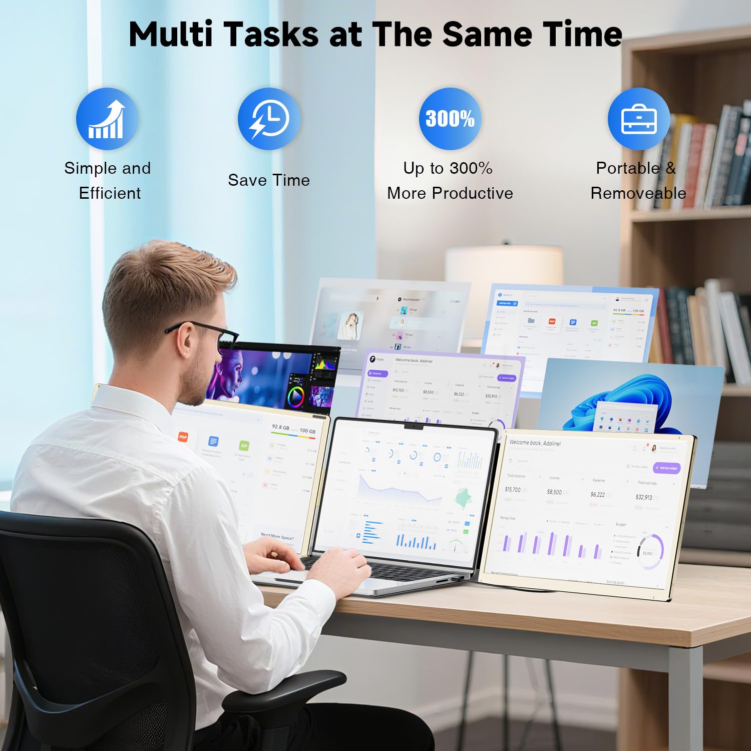 KEFEYA Laptop Bildschirm Erweiterung 15,6", FHD 1080P Laptop Screen Extender für Laptops von 13-17,3", 120% sRGB, Abnehmbarer Monitor Erweiterung für Windows/Mac/, Plug & Play - 4