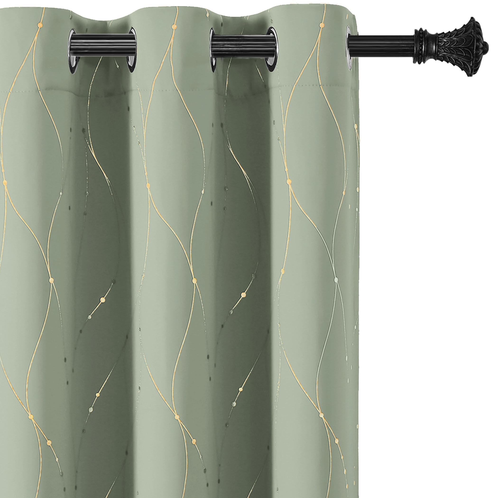 BUHUA Blackout Curtains Gold Foil Print Wave Line and Dots Grommet Drapes, Room Darkening Thermal Insulated Curtains, Noise Reducing Curtain for Bedroom, Sage Green, 52Wx72L, 2 Panels — image 1