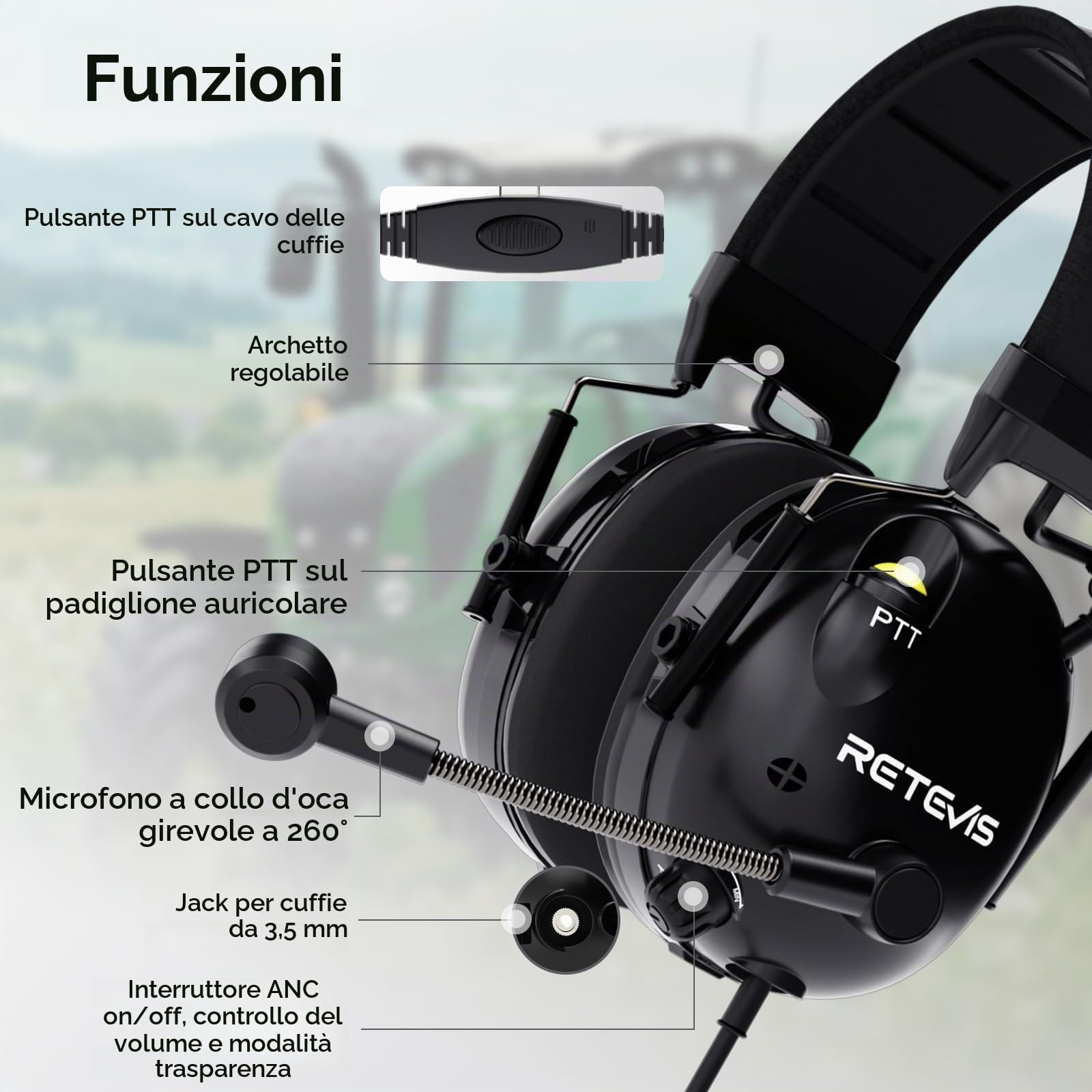 Retevis EHK015 Walkie Talkie Cuffie, Cuffie Radio ANC Overhead, Pieghevole Doppio PTT Pulsanti Rotanti Microfono Kenwood 2-Pin, Compatibile con Baofeng UV5R RT24 RT27 RT668 RT86 RT3S(1 Pz)